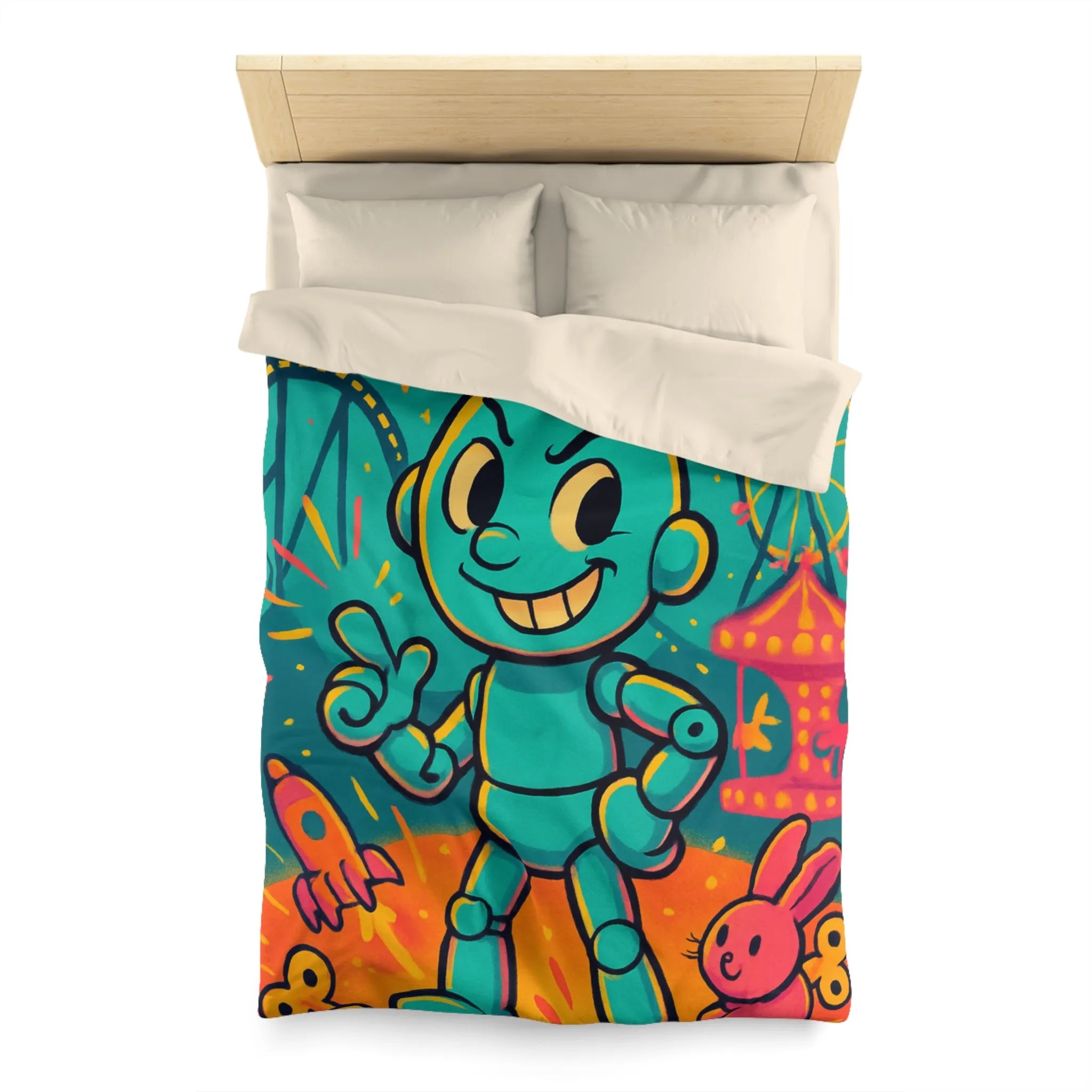 Housse de Couette Ludique avec Robot Jouet et Feux d’Artifice Multicolores pour Enfants