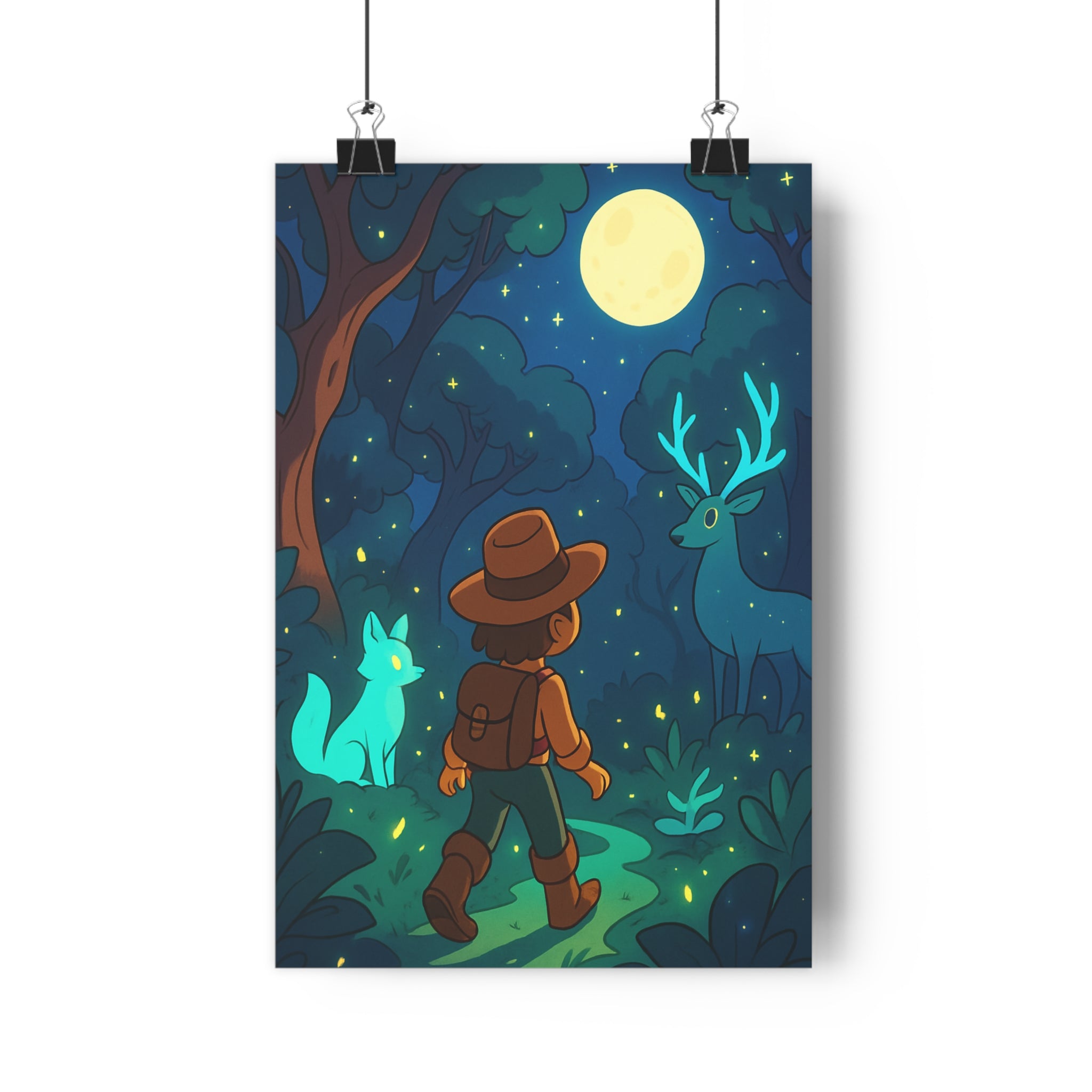 Poster décoratif forêt enchantée magique explorateur renard lumineux chambre enfant art dessin mystique aventure