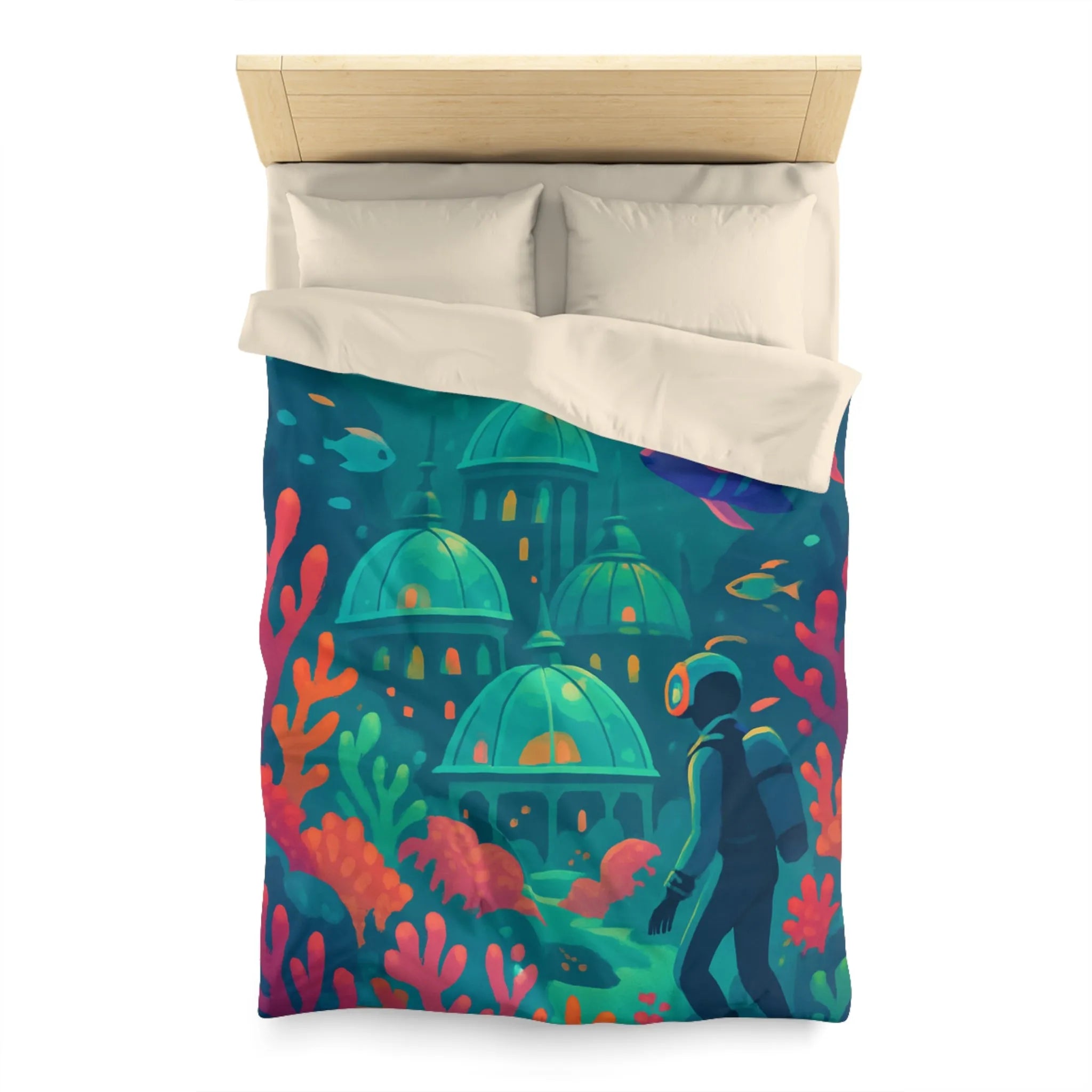 Housse de couette aux couleurs vibrantes inspirée d'une cité sous-marine avec poissons exotiques