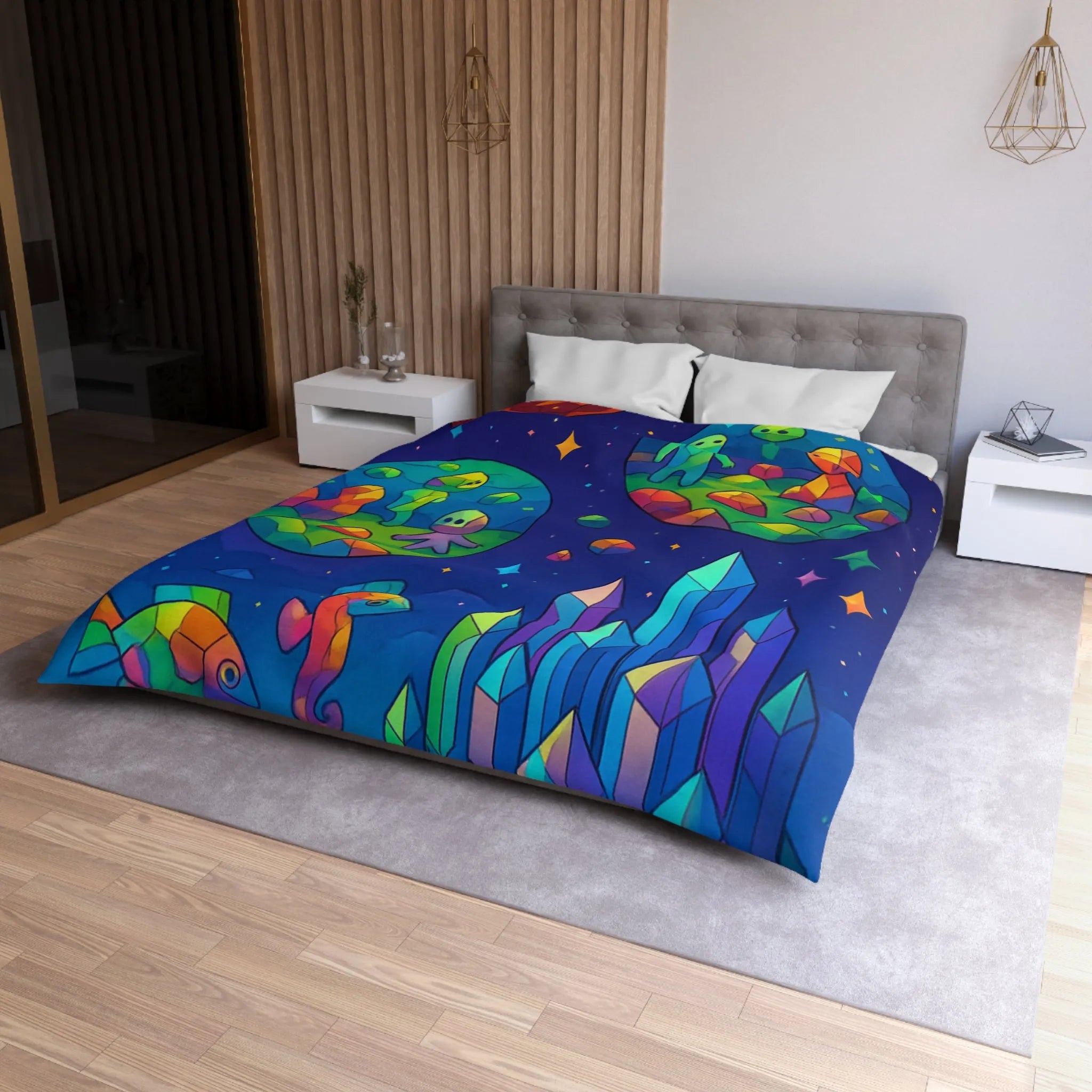 Housse de couette colorée avec paysages extraterrestres, créatures mignonnes et cristaux célestes