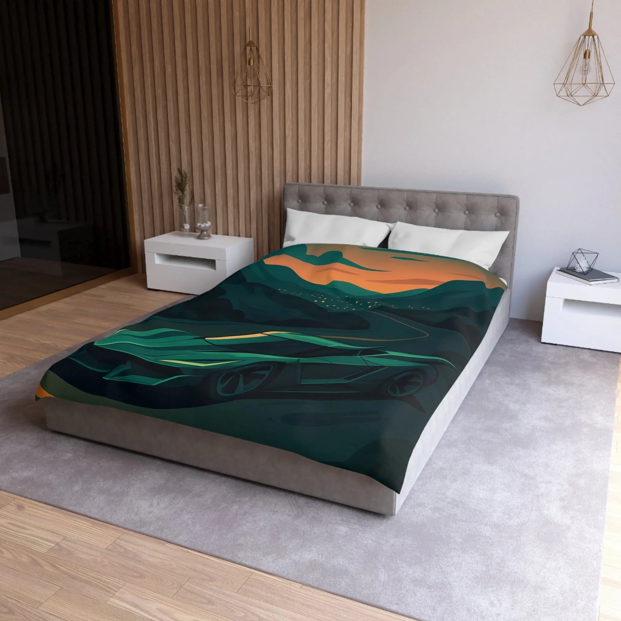 Housse de couette design voiture de sport moderne sur route sinueuse au crépuscule