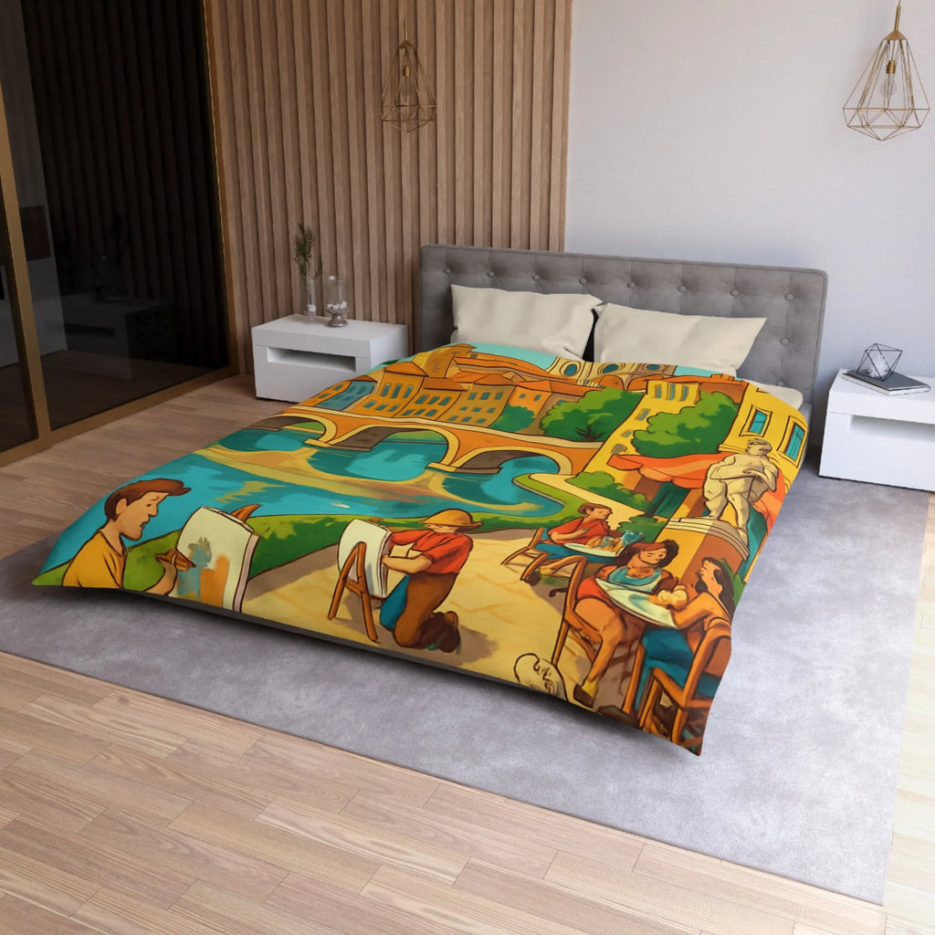 Housse de couette inspirée de ville artistique avec pont et cathédrale colorée