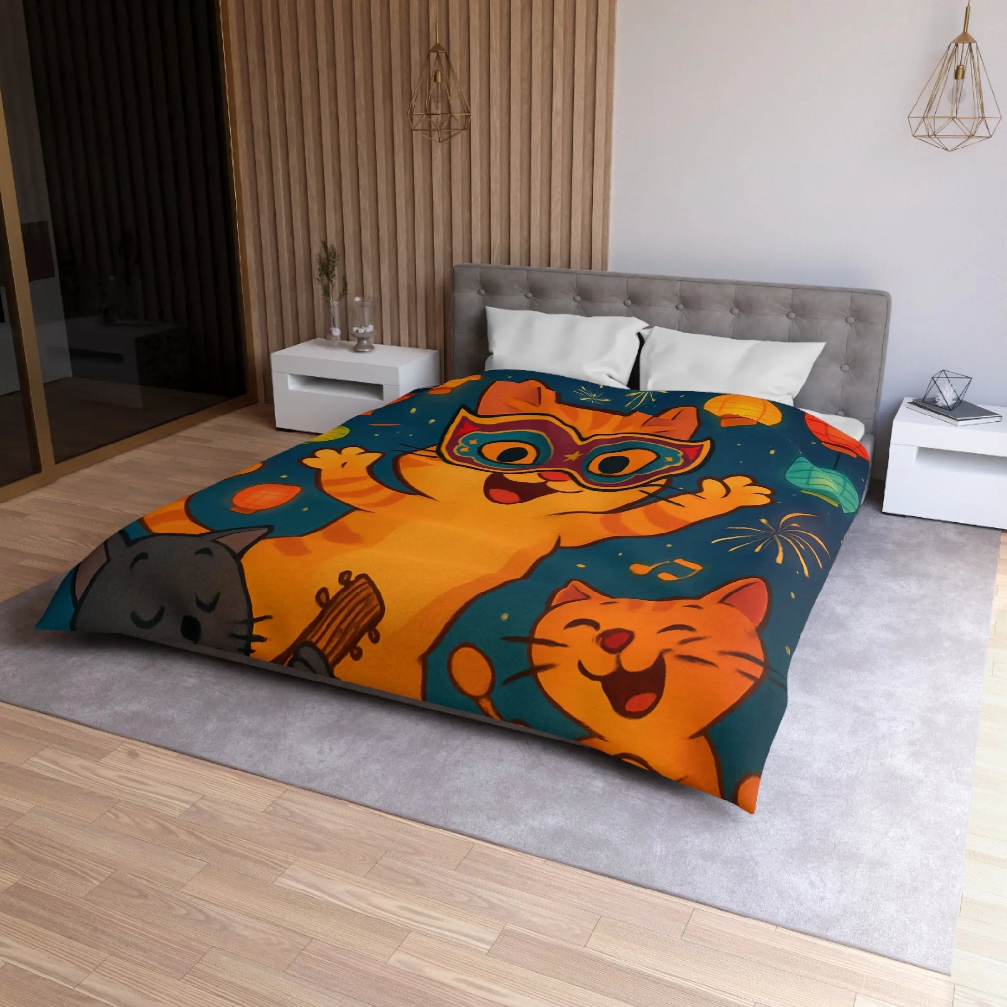 Housse de couette festive avec chats joyeux, feux d'artifice et lanternes colorées