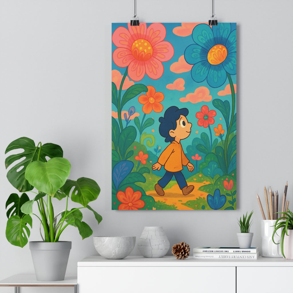 Poster décoratif enchanté jardin enfant pastel joyeux floral féerique coloré chambre scène apaisante ambiance