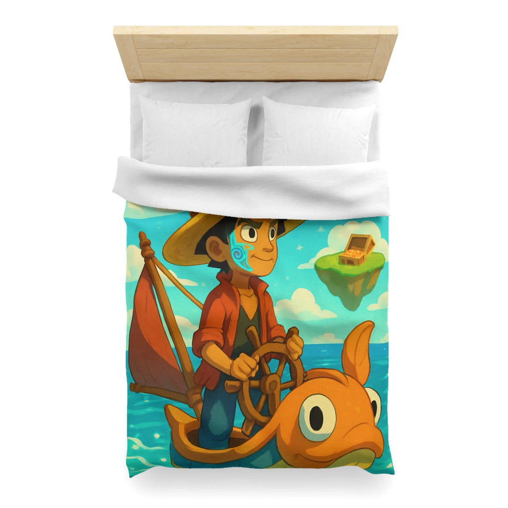 Housse de couette embarcation colorée sur océan turquoise avec îles flottantes et trésors