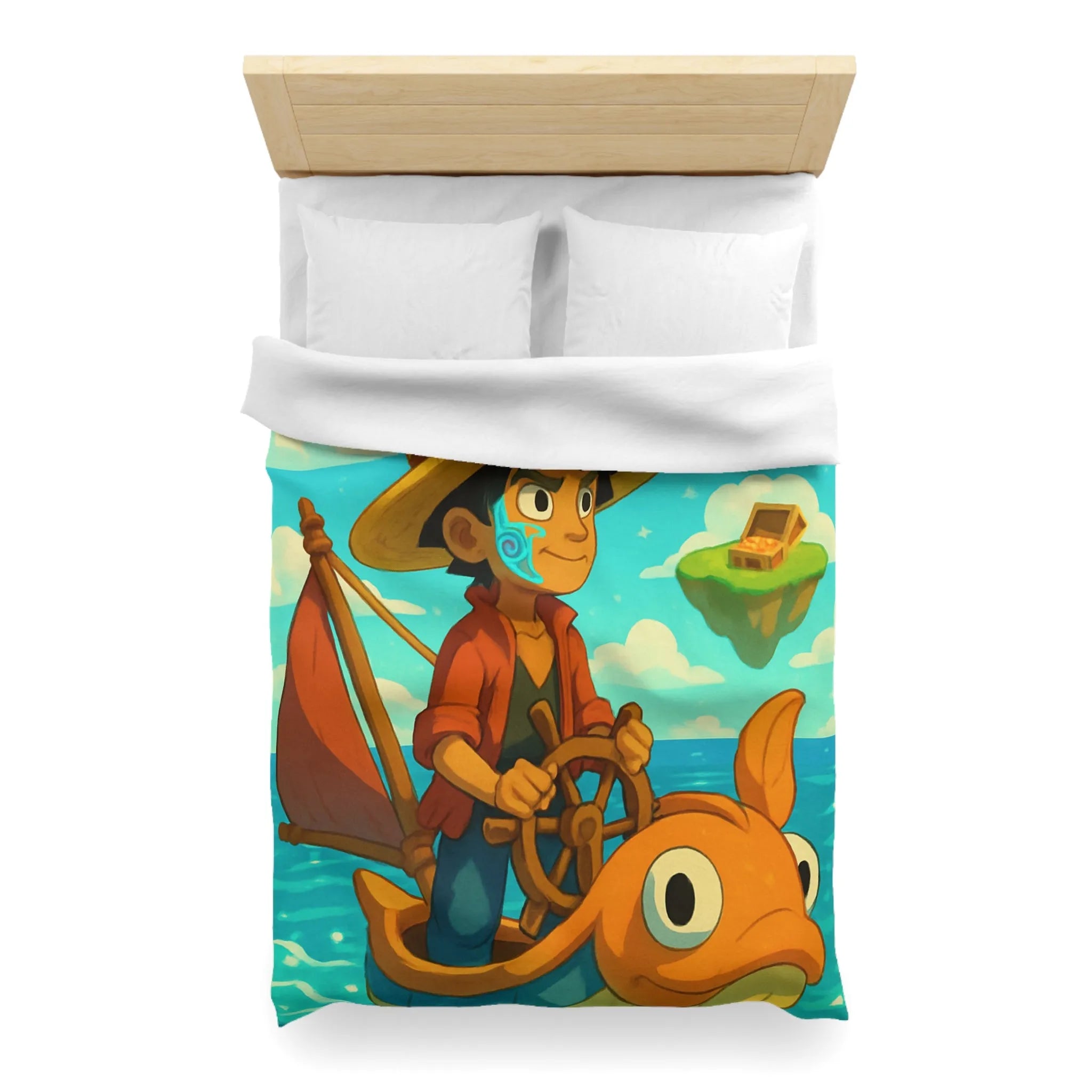 Housse de couette embarcation colorée sur océan turquoise avec îles flottantes et trésors