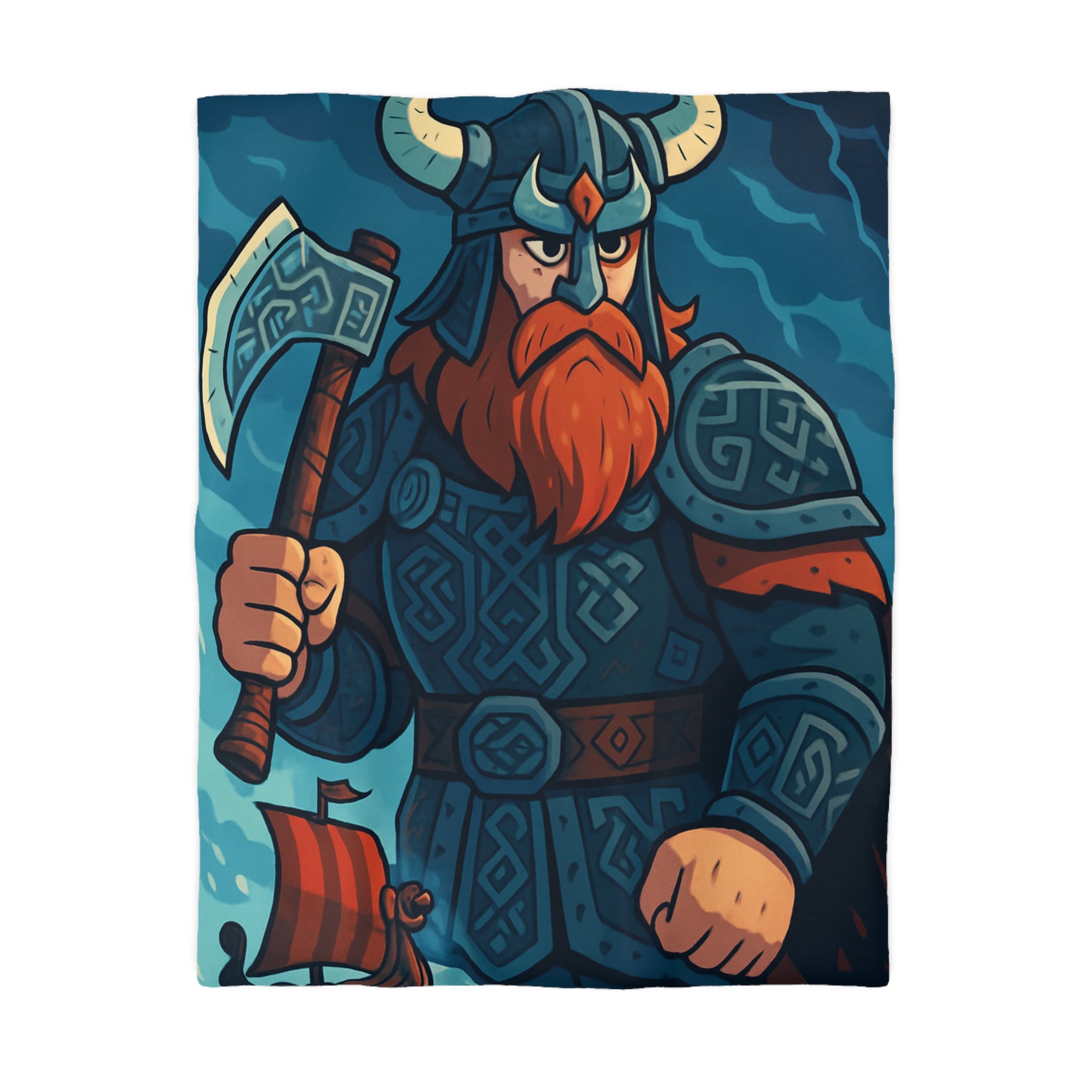 Housse de Couette Viking Illustrée avec Guerrier et Drakkar sur Fond Océan Tempétueux