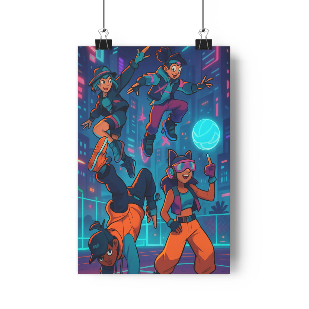 Poster décoratif cartoon urbain néon bleu rose dynamique sportif chambre salon moderne vibrant qualité