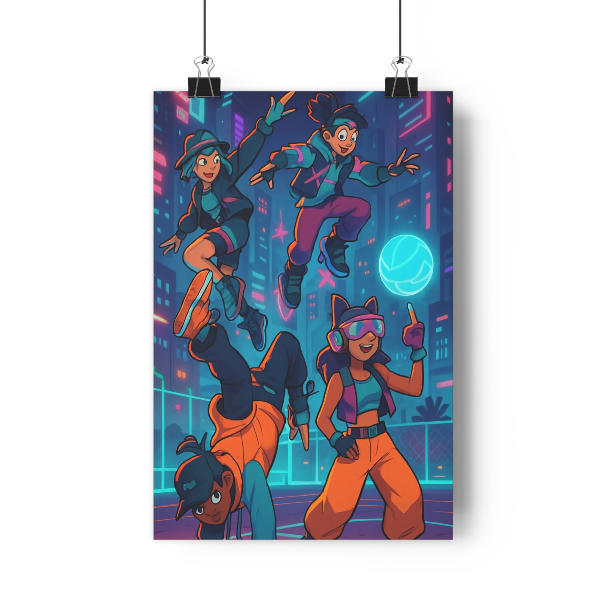 Poster décoratif cartoon urbain néon bleu rose dynamique sportif chambre salon moderne vibrant qualité