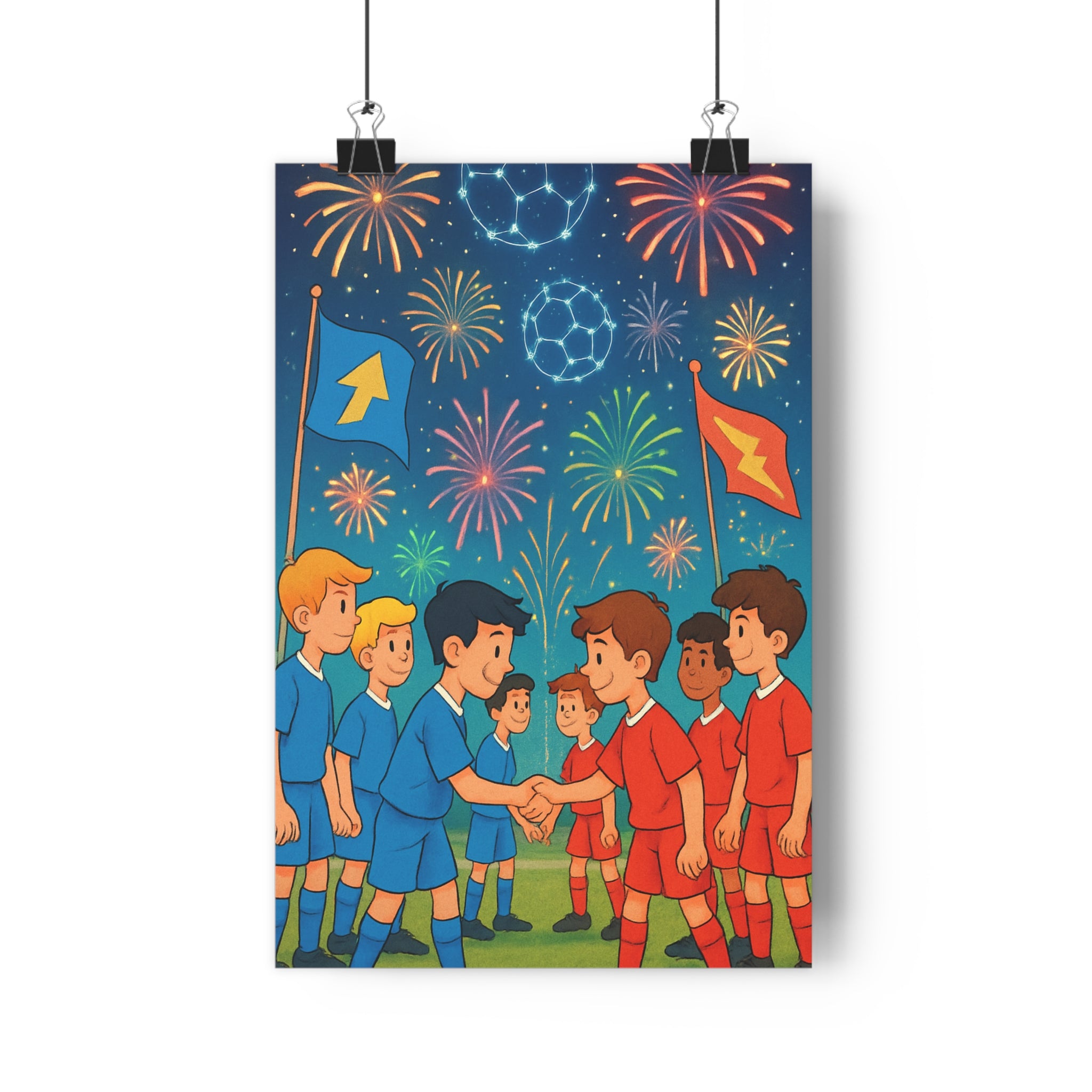 Poster décoratif cartoon bleu rouge aventure joyeux football chambre enfant équipe camaraderie festive terrain