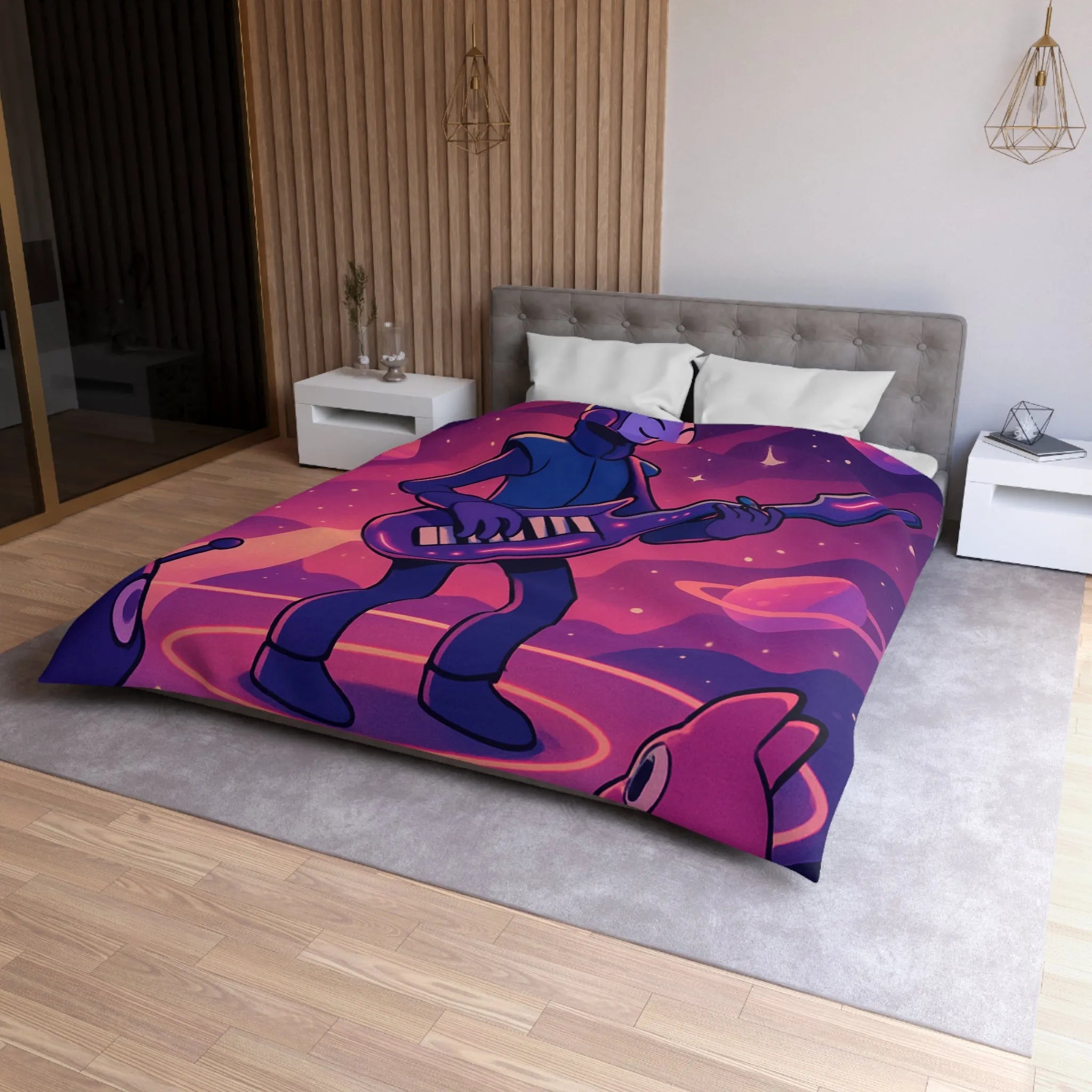 Housse de couette colorée avec astronaute jouant de la guitare dans l’espace cosmique magique