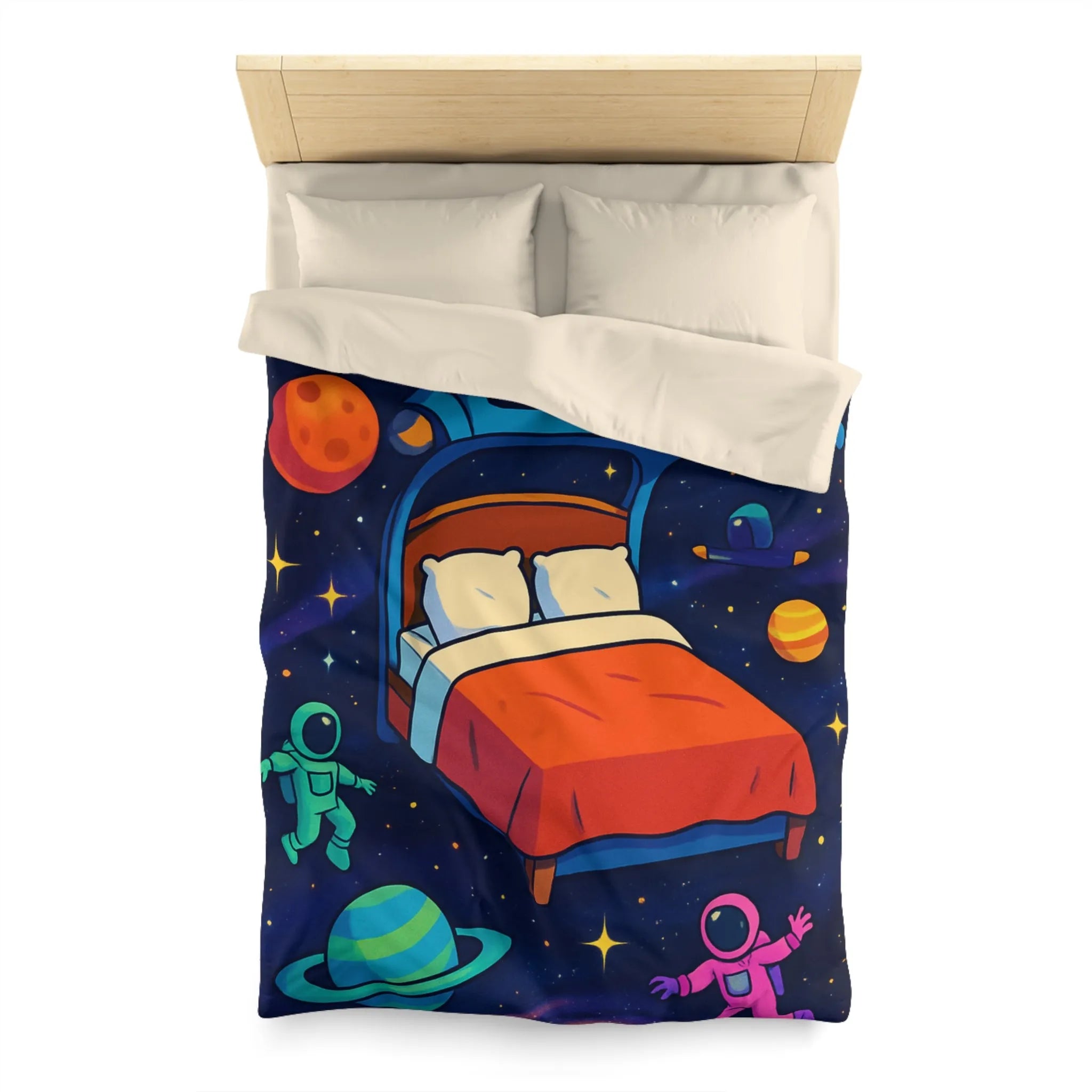Housse de couette galaxies vibrantes avec astronautes flottants et planètes colorées pour enfants
