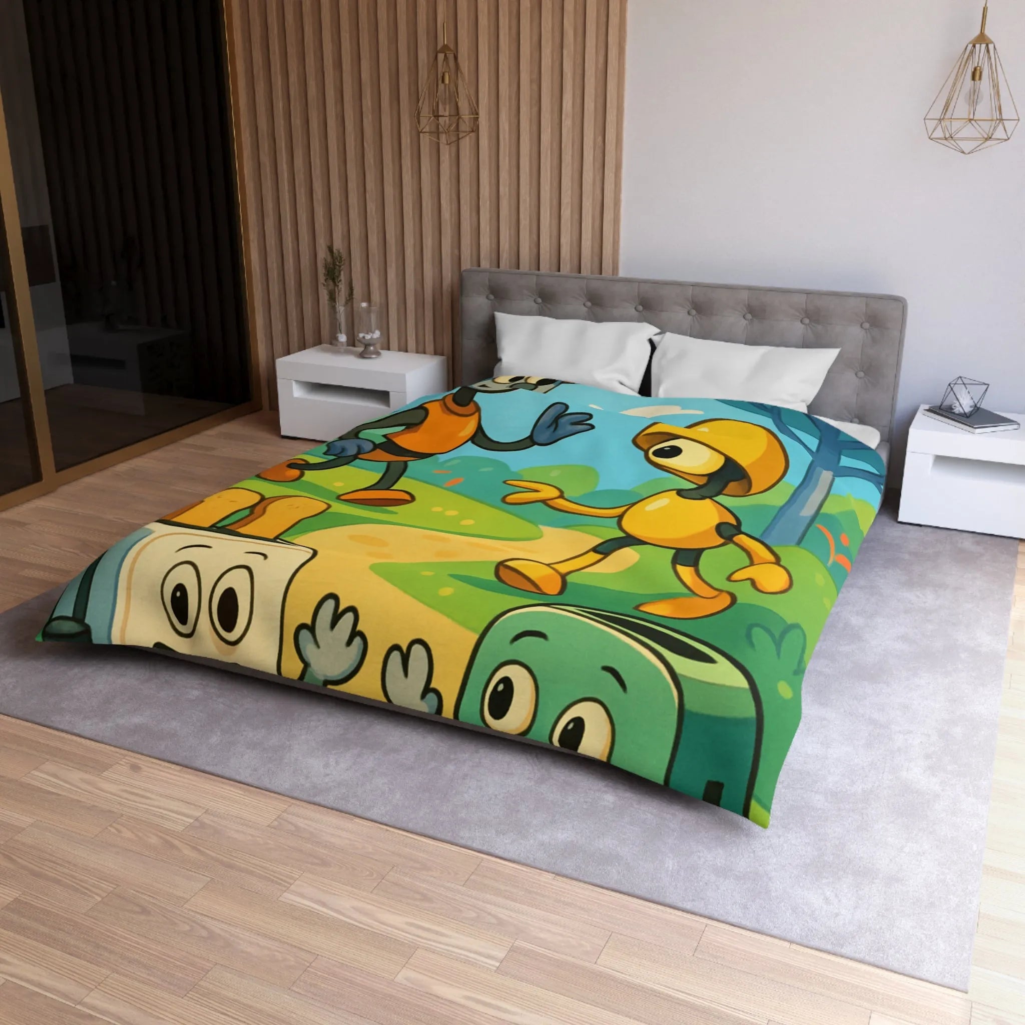 Housse de couette colorée avec robots joyeux et paysage forestier graphique