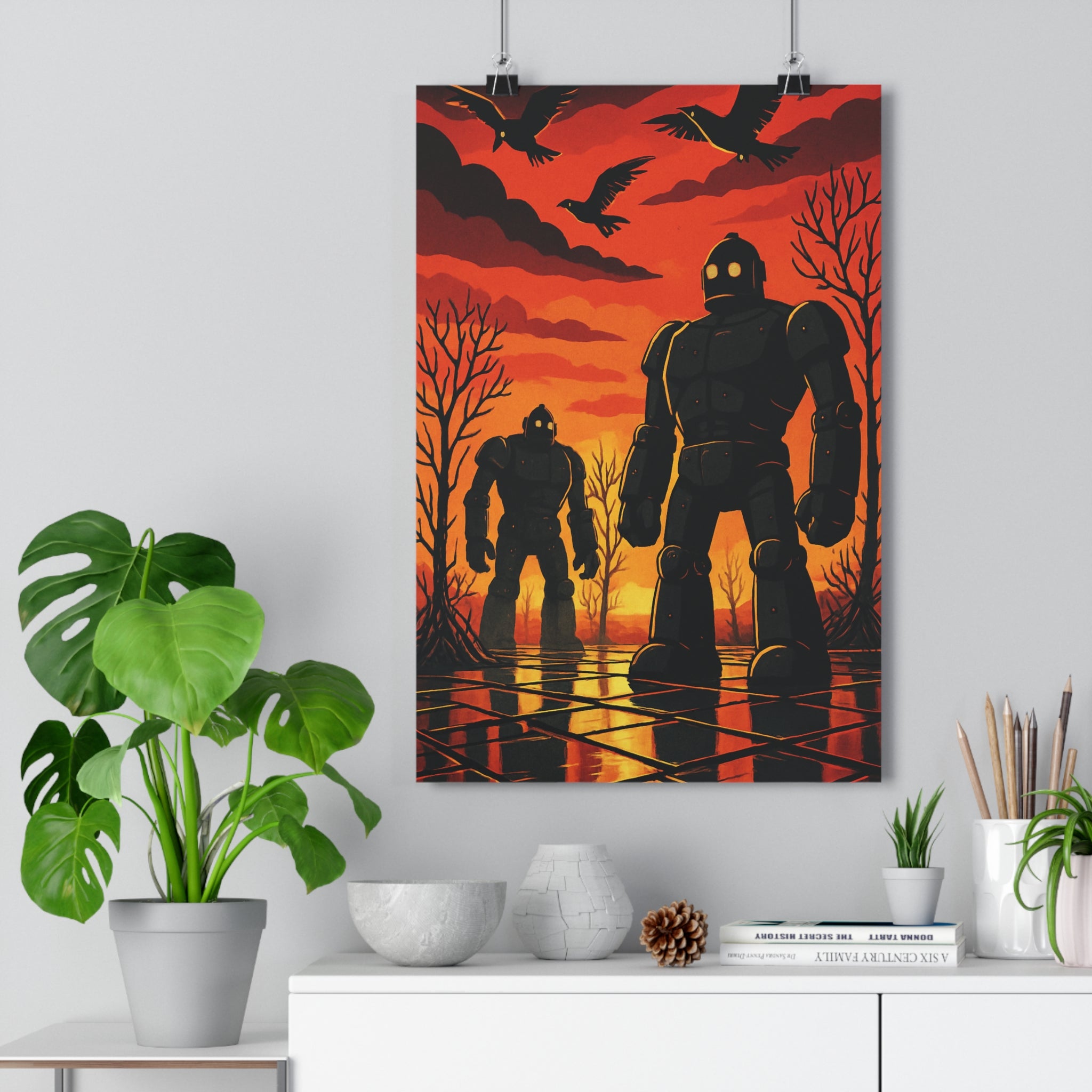 Poster décoratif épique crépuscule rouge orange fantastique salon robots géants créatures métal dramatique paysage