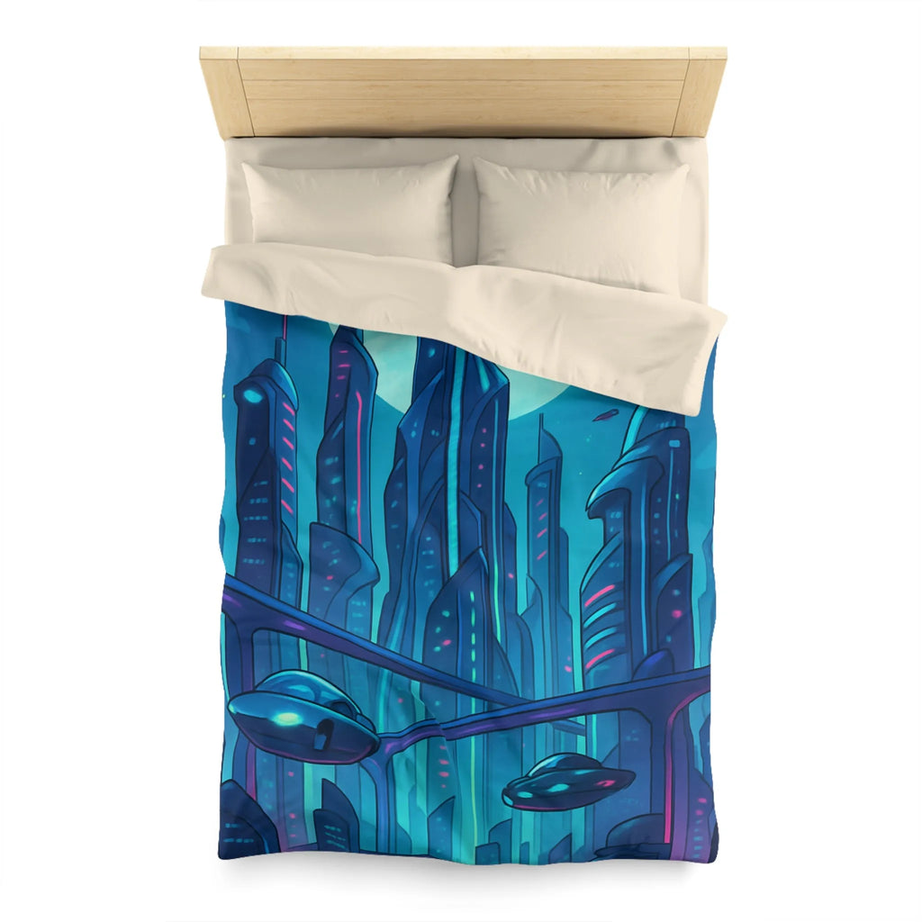 Housse de couette futuriste avec ville néon et vaisseaux spatiaux sous pleine lune