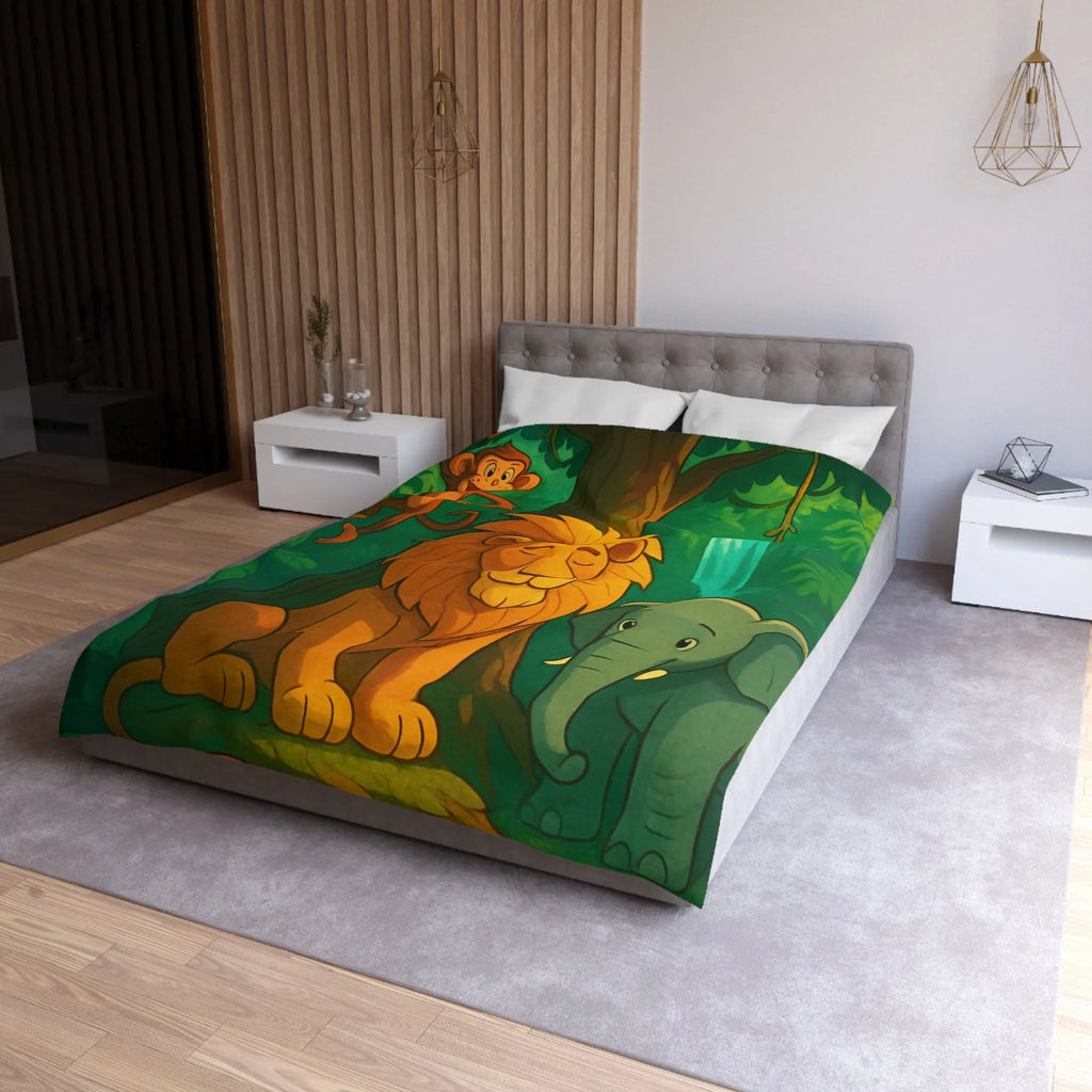Housse de Couette Jungle Enchantée avec Lion, Singe, Éléphant et Chute d’Eau Magique
