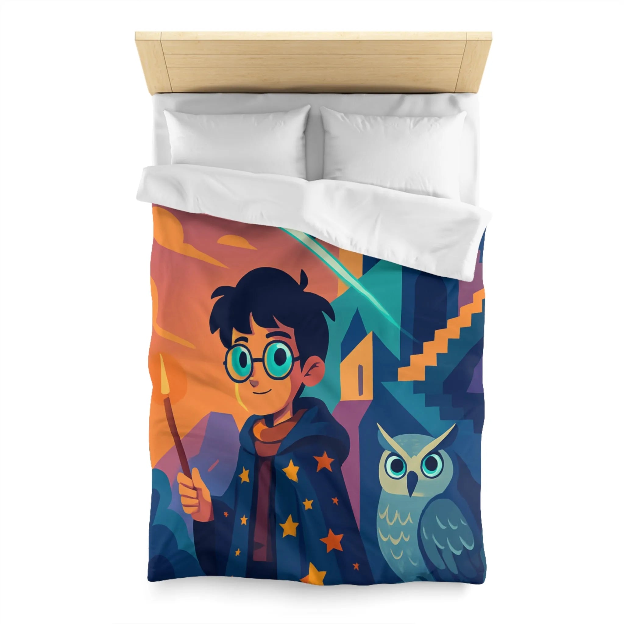 Housse de couette magique avec motif de garçon sorcier et hibou lumineux