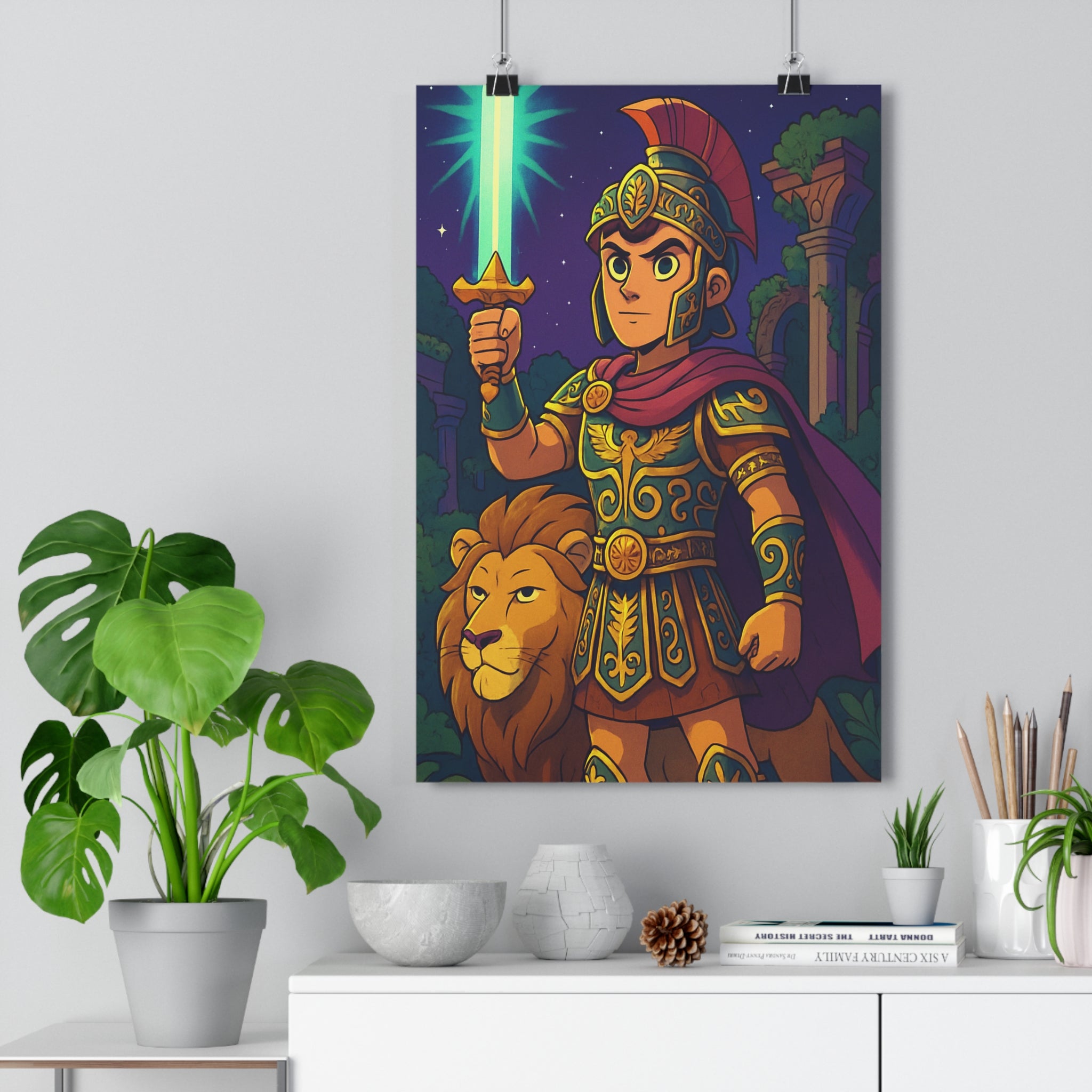 Poster décoratif doré fantastique animé chambre enfant épique magique gladiateur lion étoilé 30x46 ambiance