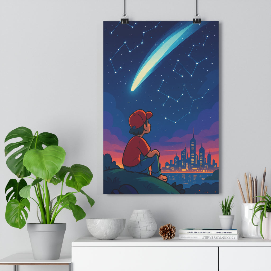 Poster décoratif contemporain rêve étoilé bleu orange mystique chambre enfant design créatif apaisant élégant