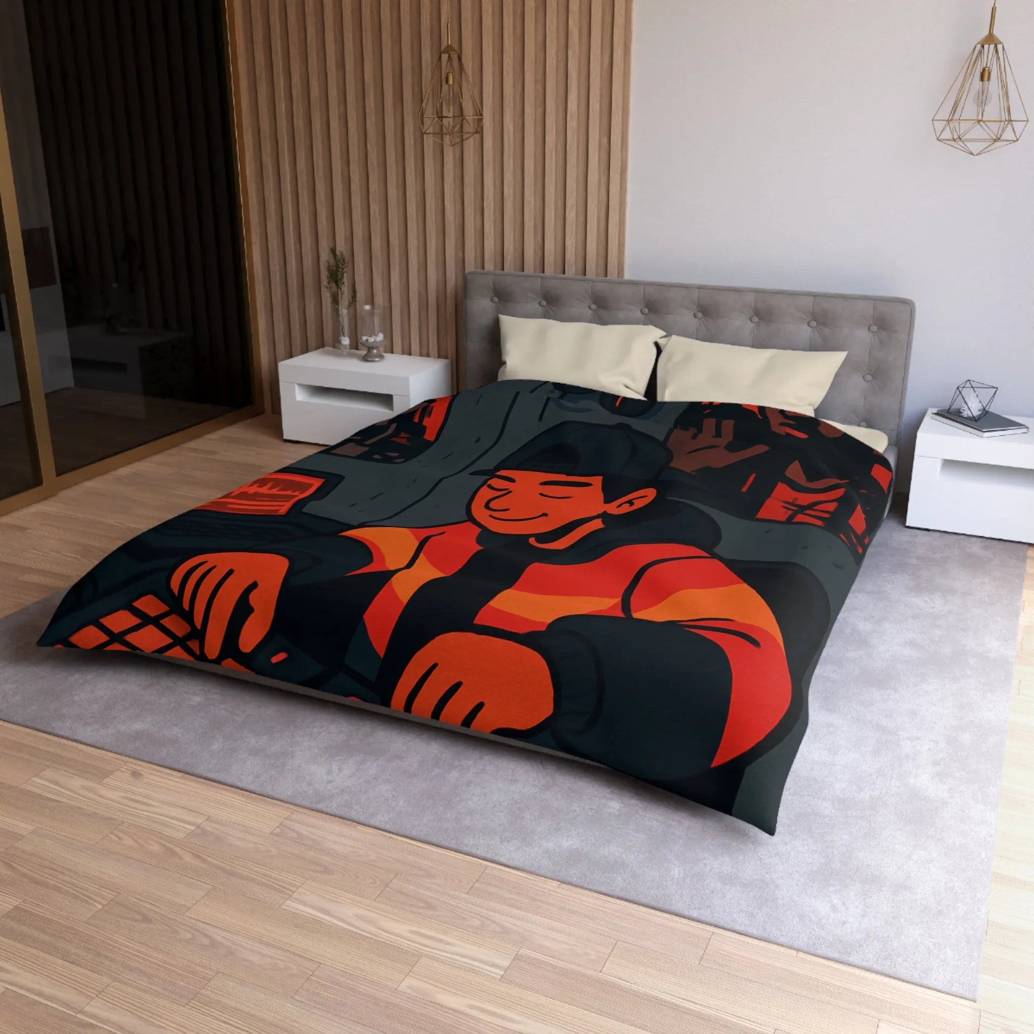 Housse de couette design studio moderne avec touche artistique rouge et noire