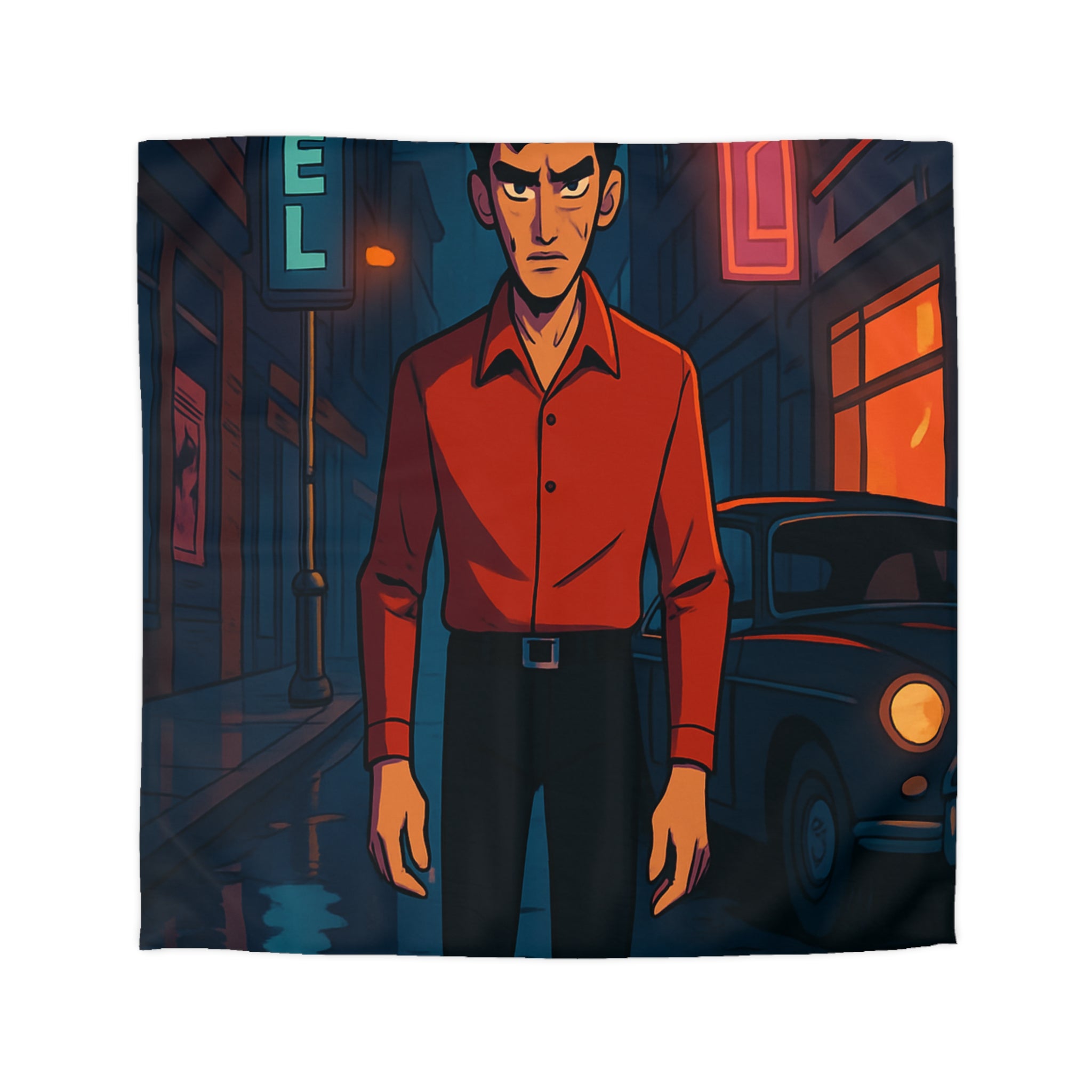 Housse de couette urbaine nocturne avec homme mystérieux et néons colorés