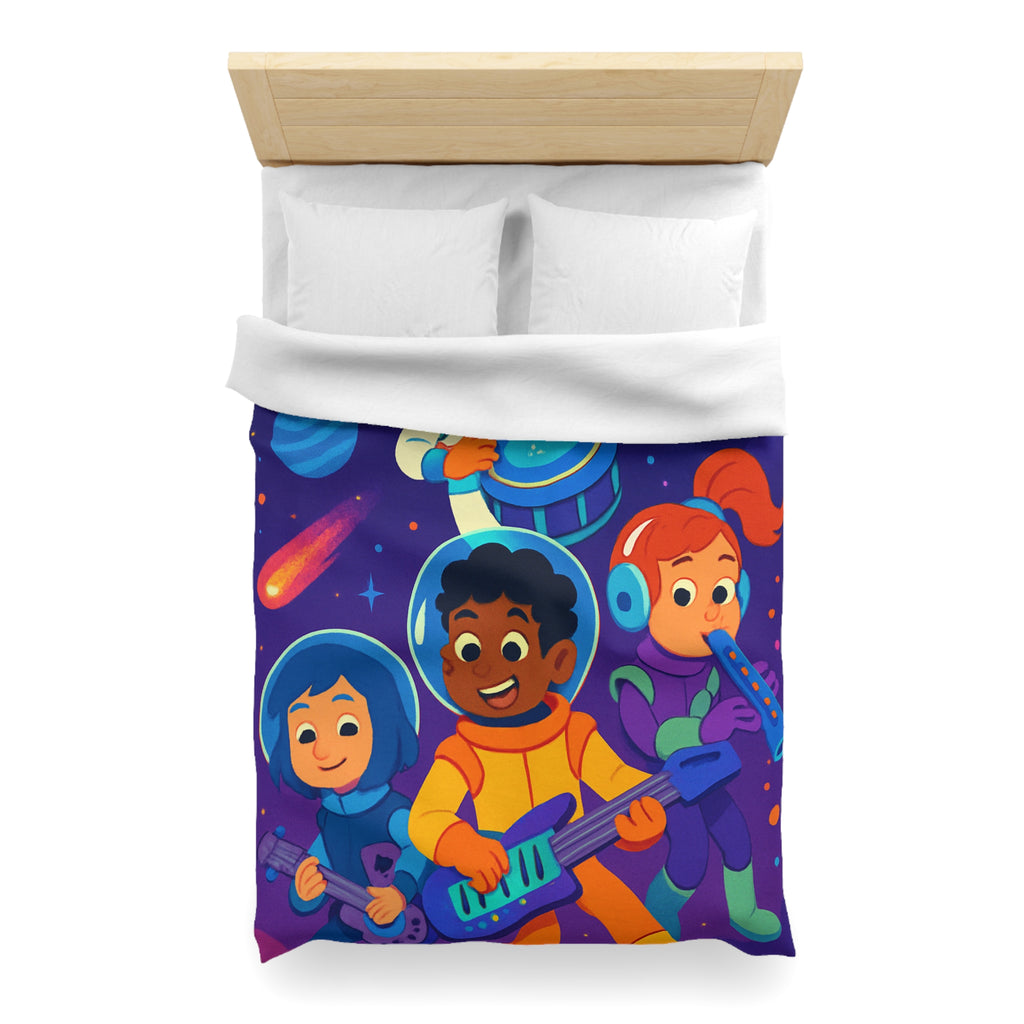 Housse de couette spatiale colorée avec enfants musiciens et planètes virevoltantes