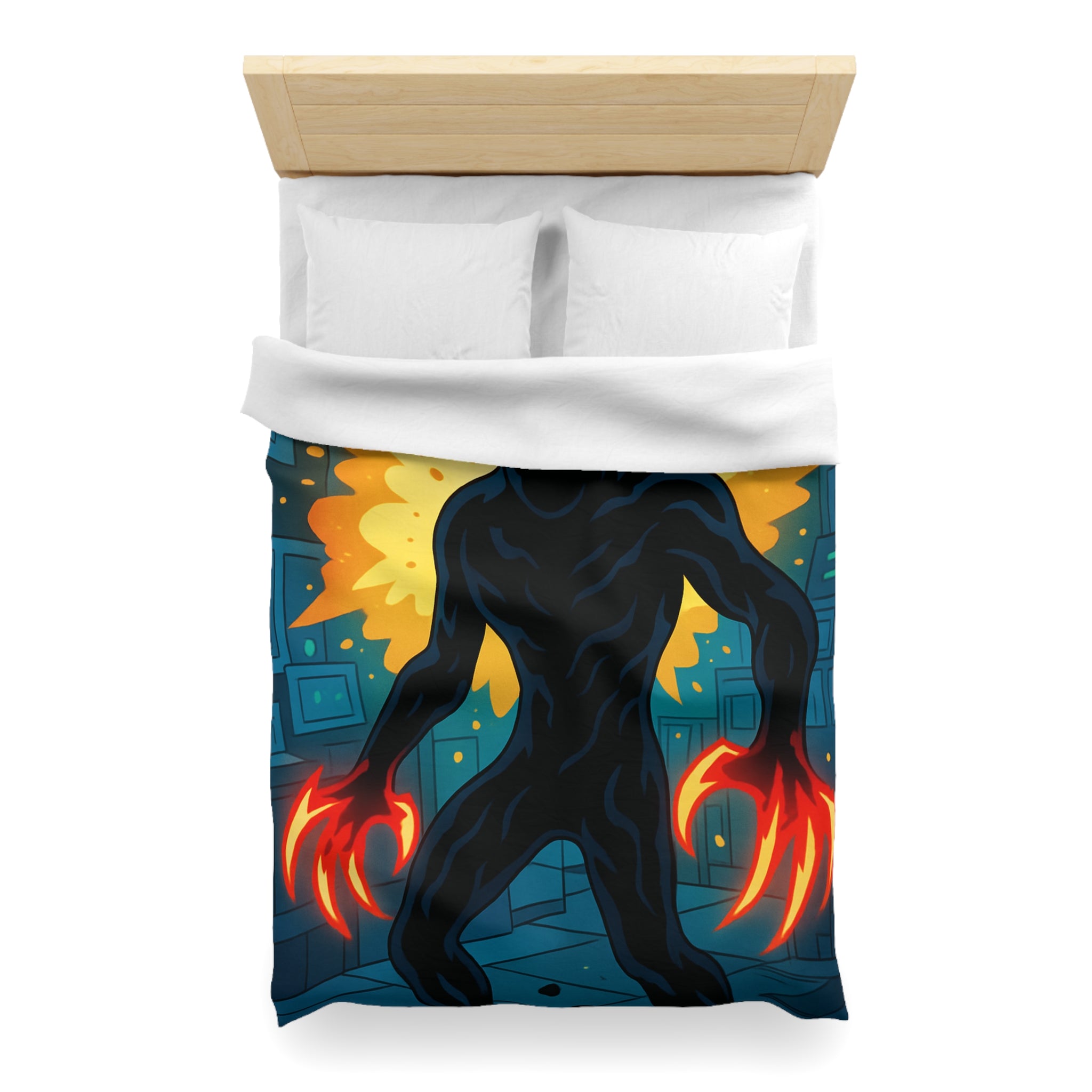 Housse de couette sombre avec créature enflammée aux griffes lumineuses