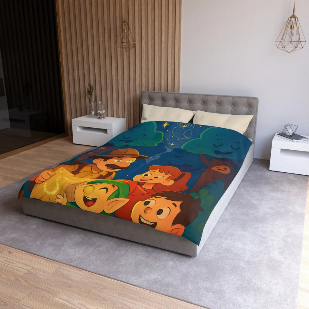 Housse de Couette Enfant Illustrée: Aventure Nocturne en Forêt avec Constellations Magiques