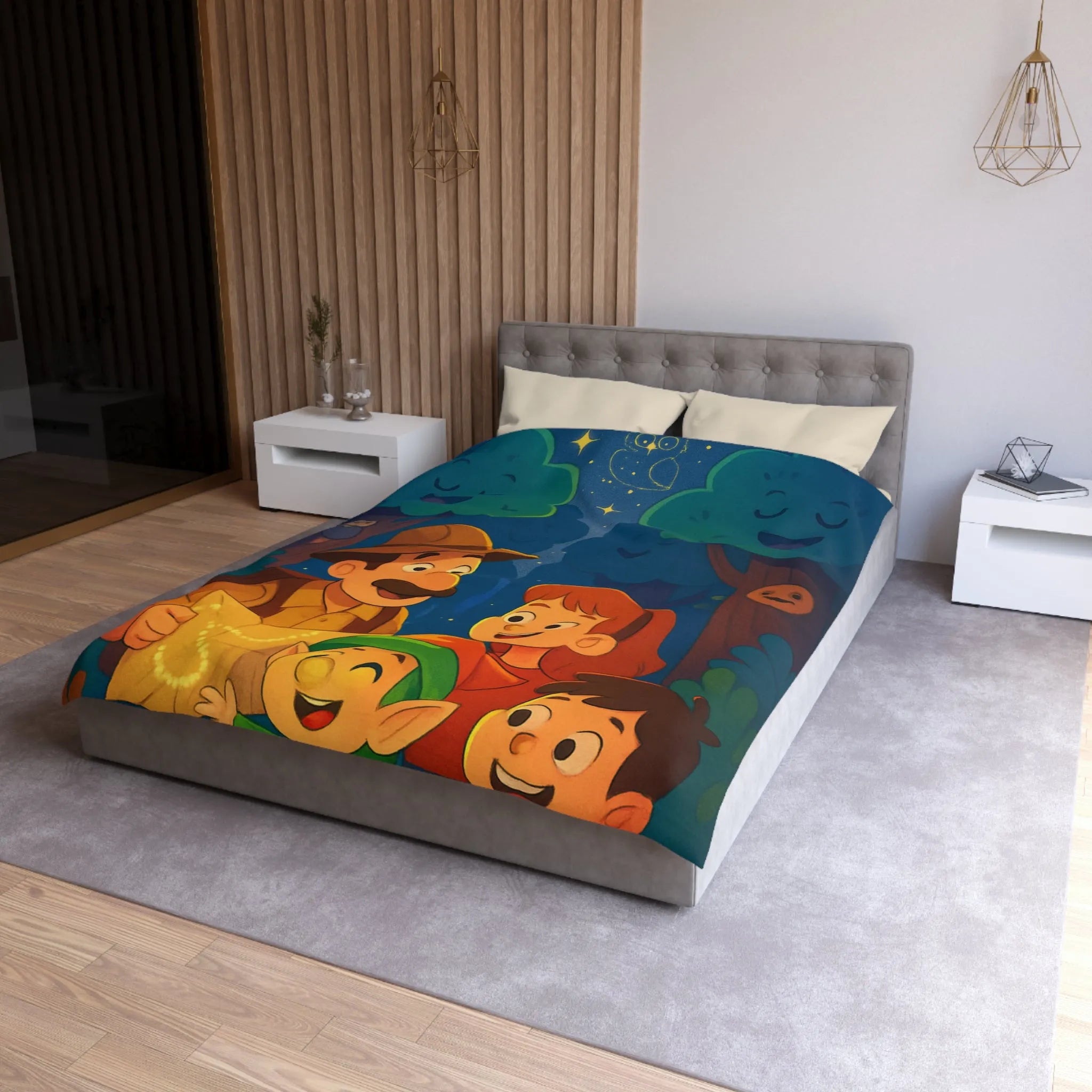 Housse de Couette Enfant Illustrée: Aventure Nocturne en Forêt avec Constellations Magiques