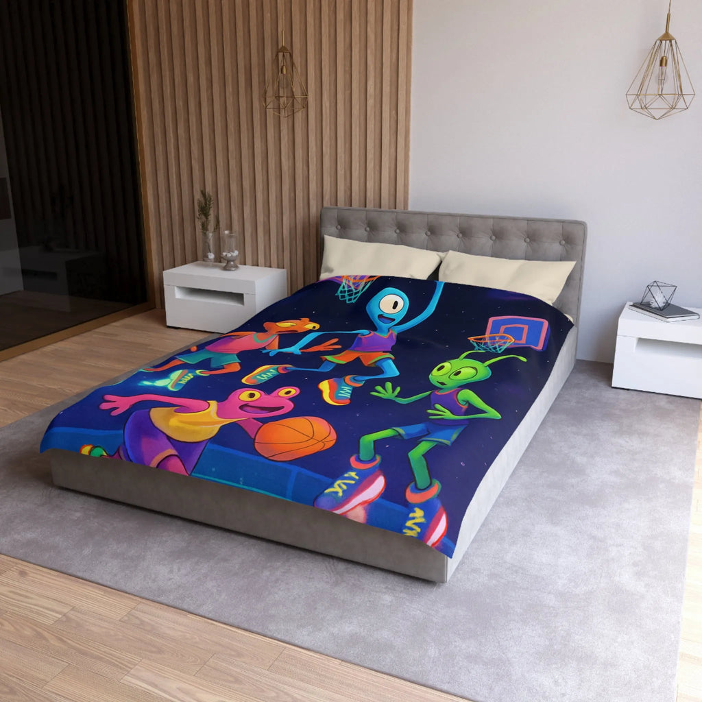 Housse de couette avec extraterrestres jouant au basket, ambiance lumineuse et amusante