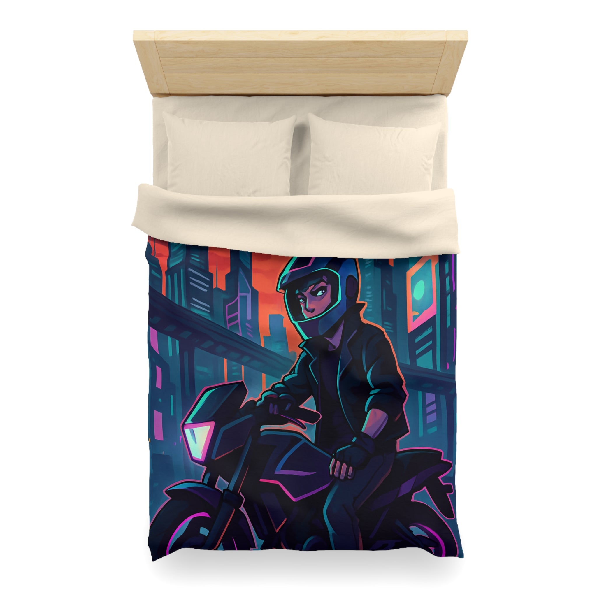 Housse de couette urbaine avec motard futuriste dans une ville de néons colorés