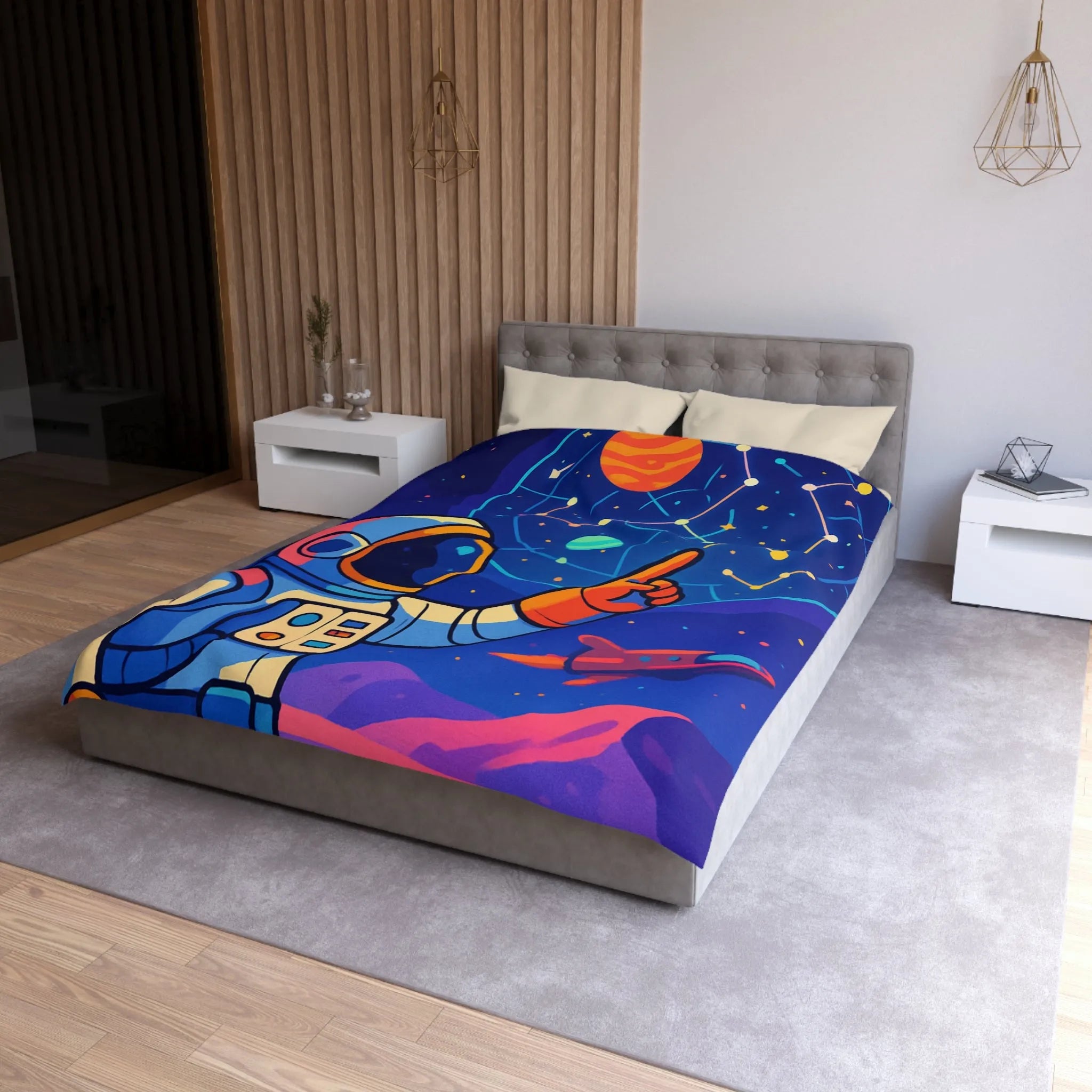 Housse de couette cosmos coloré avec astronaute, planète et carte des étoiles