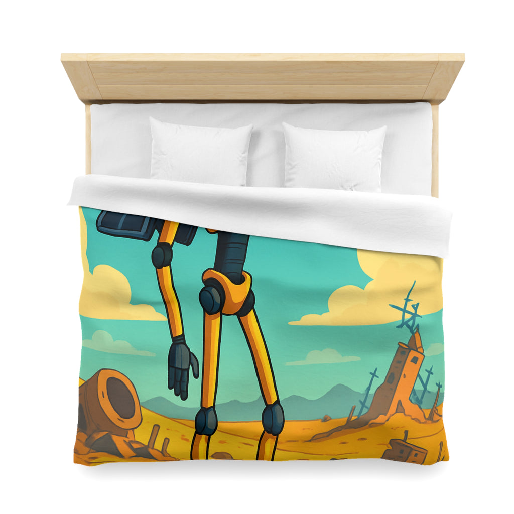 Housse de couette robot jaune explorateur dans désert post-apocalyptique avec oiseau
