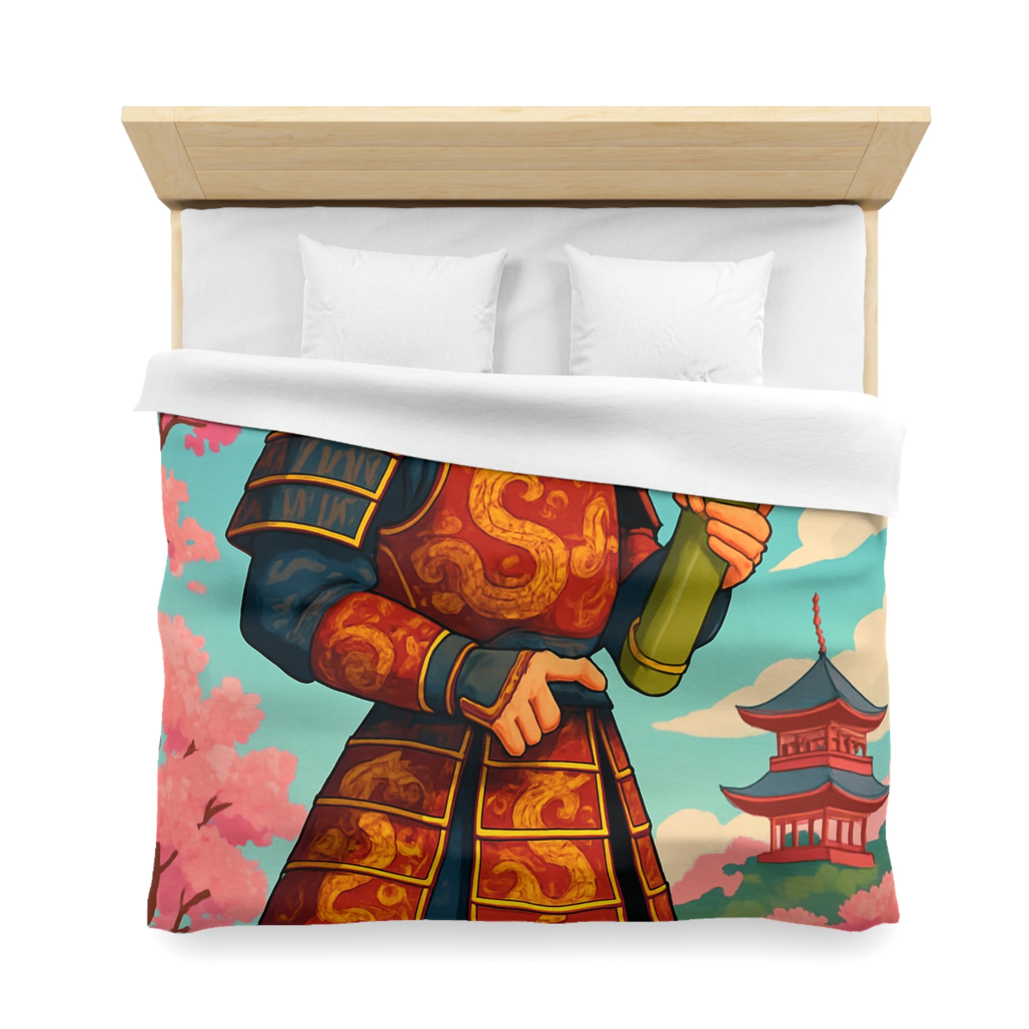 Housse de Couette Samouraï Japonais avec Armure Traditionnelle et Cerisiers en Fleurs