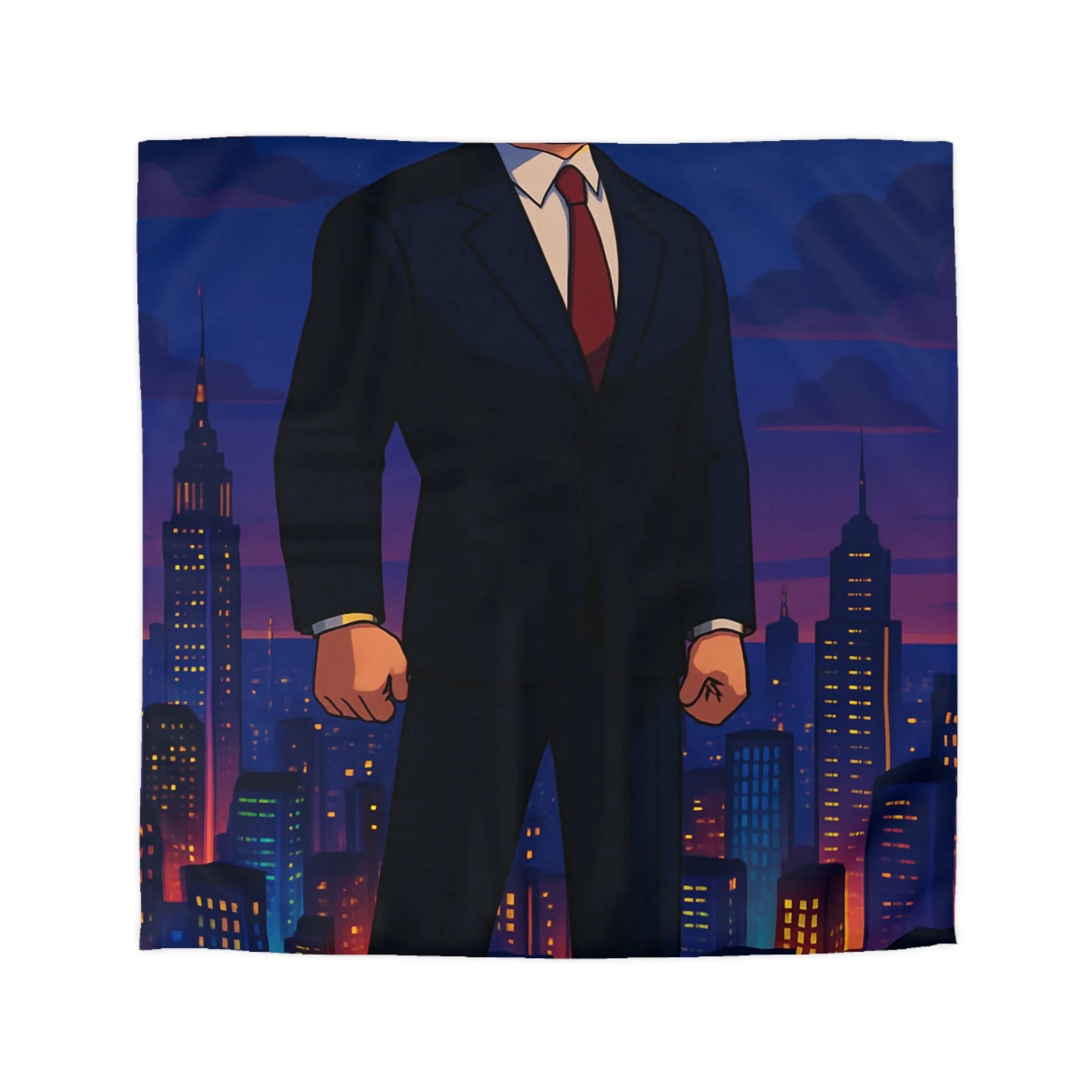 Héros musclé en costume noir observant la ville illuminée au crépuscule animé