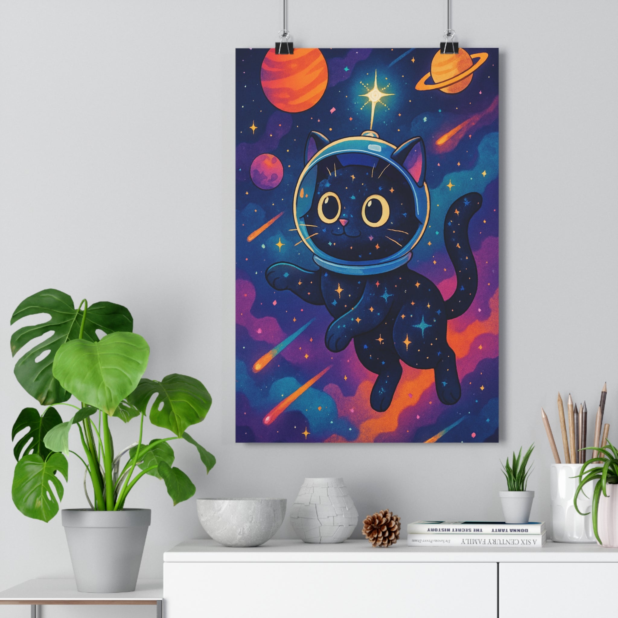 Poster décoratif chat cosmique orange bleu violet futuriste mystique chambre bureau fantaisie design tendance