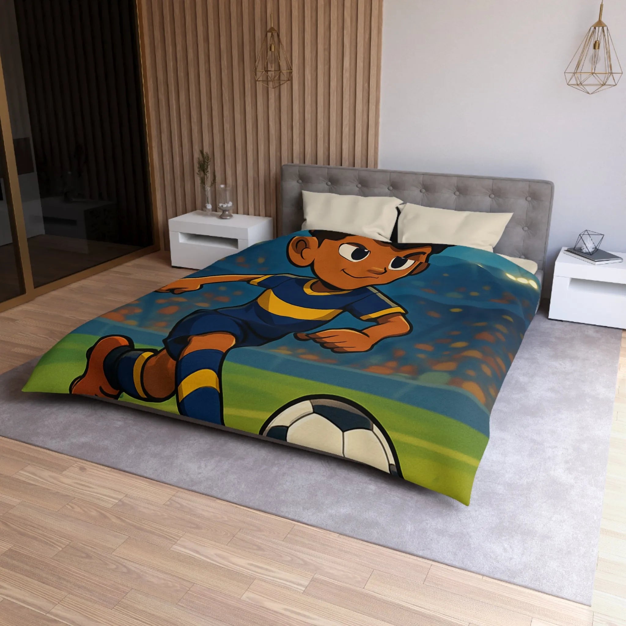 Housse de Couette Enfant Footballeur Dessin Animé, Terrain de Jeu Lumineux Sportif