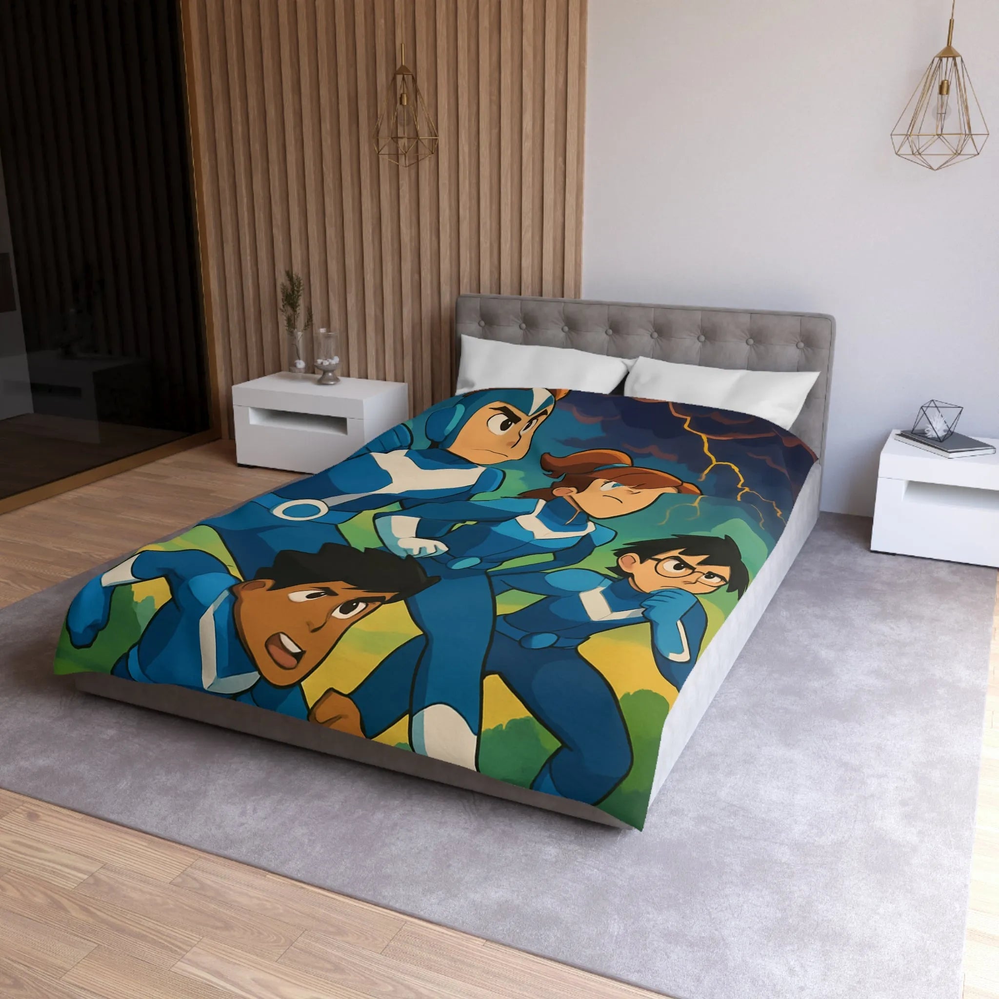 Housse de couette aventure : personnages animés et ciel orageux captivant pour chambre dynamique