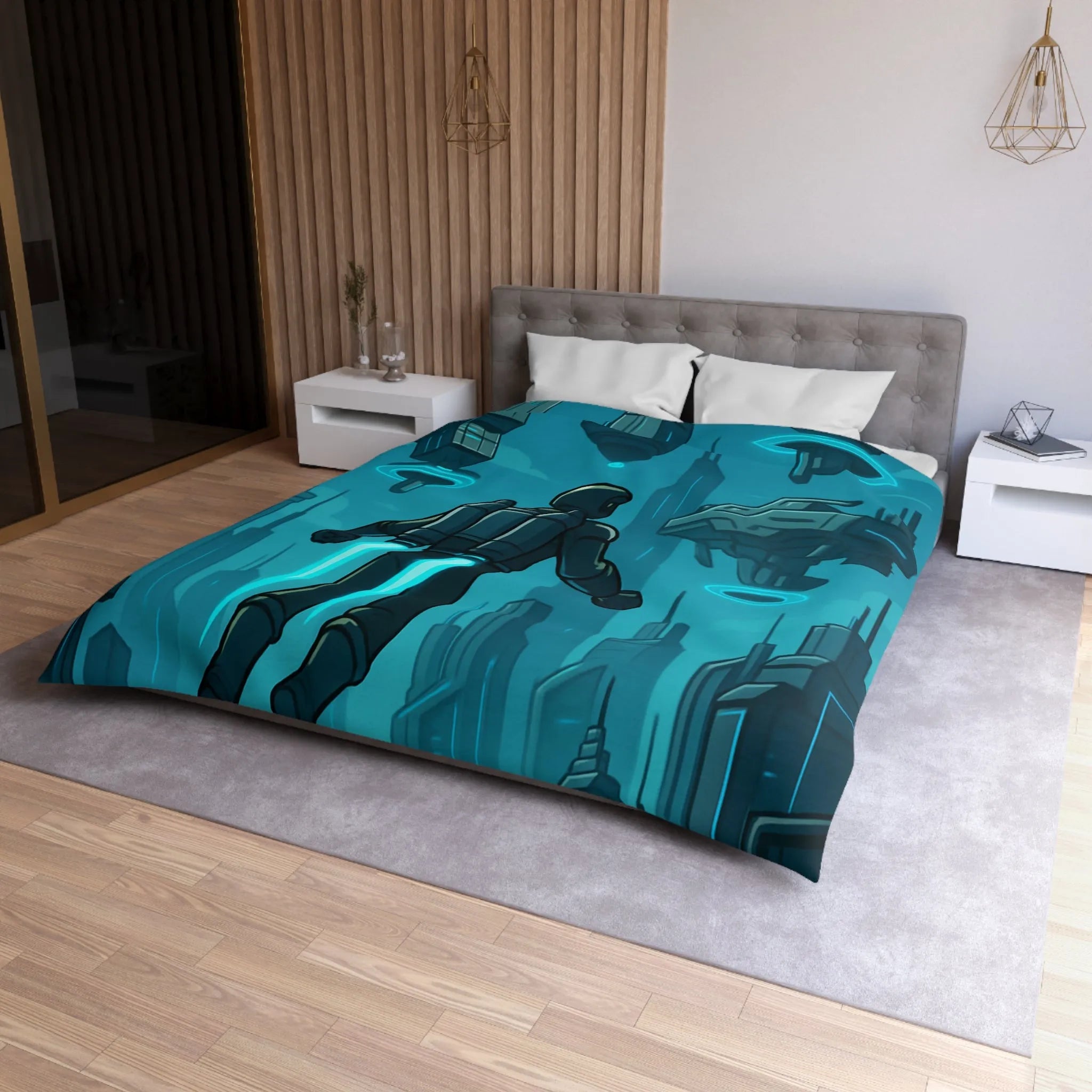 Housse de Couette Futuriste avec Ville Céleste et Homme en Jetpack Néon Bleu