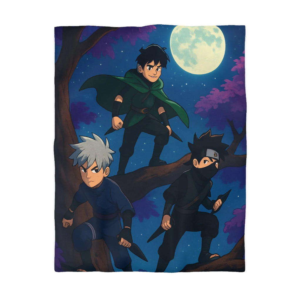Housse de couette avec trois jeunes ninjas sous la pleine lune et ciel étoilé