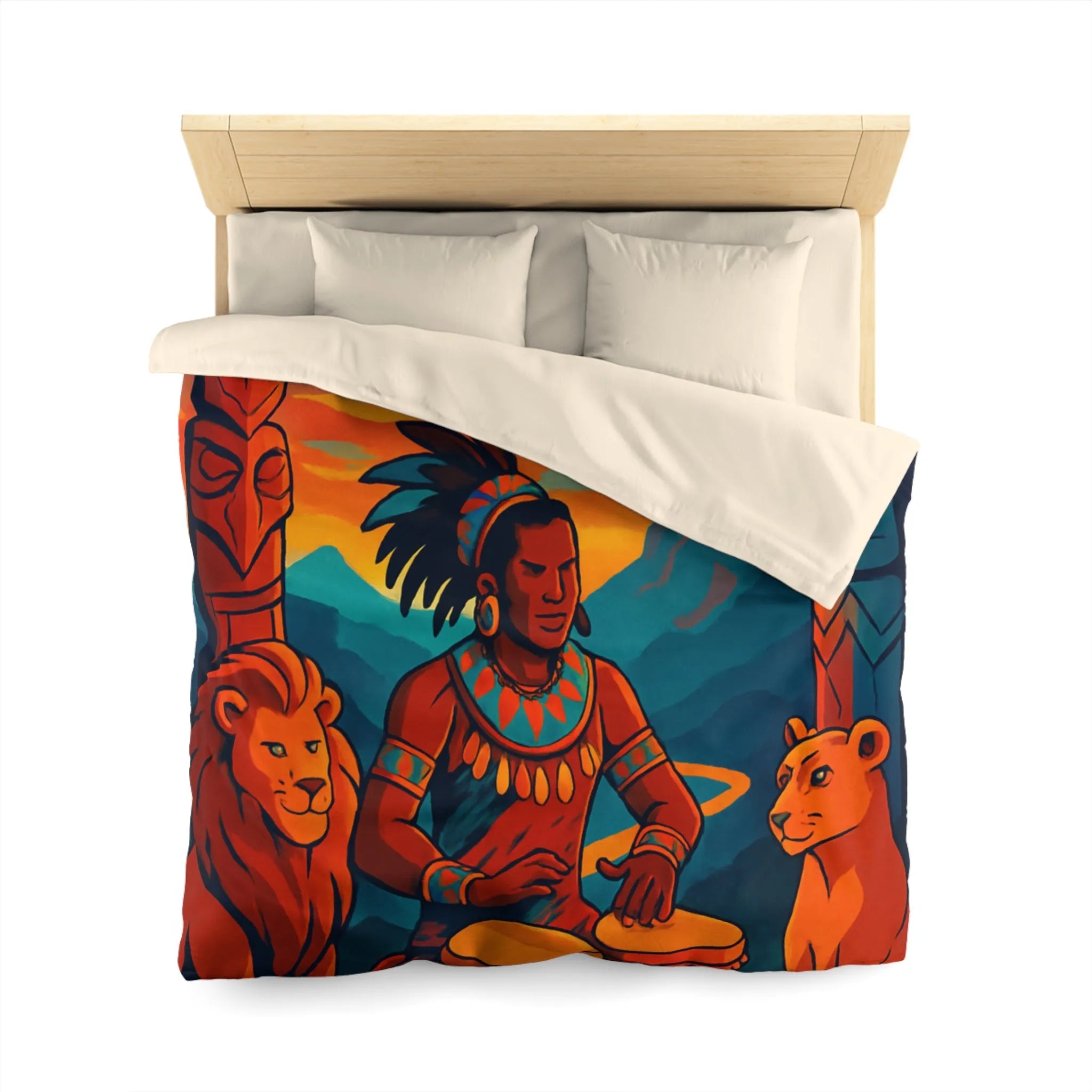 Housse de couette exotique avec musicien, tambours et totems en ambiance chaleureuse