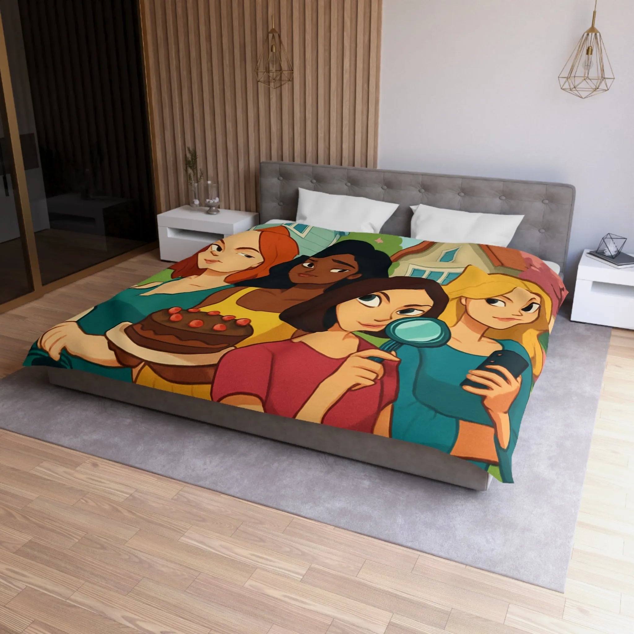 Housse de Couette Illustrée Fête Femme Jardin avec Loupe Gâteau et Téléphone
