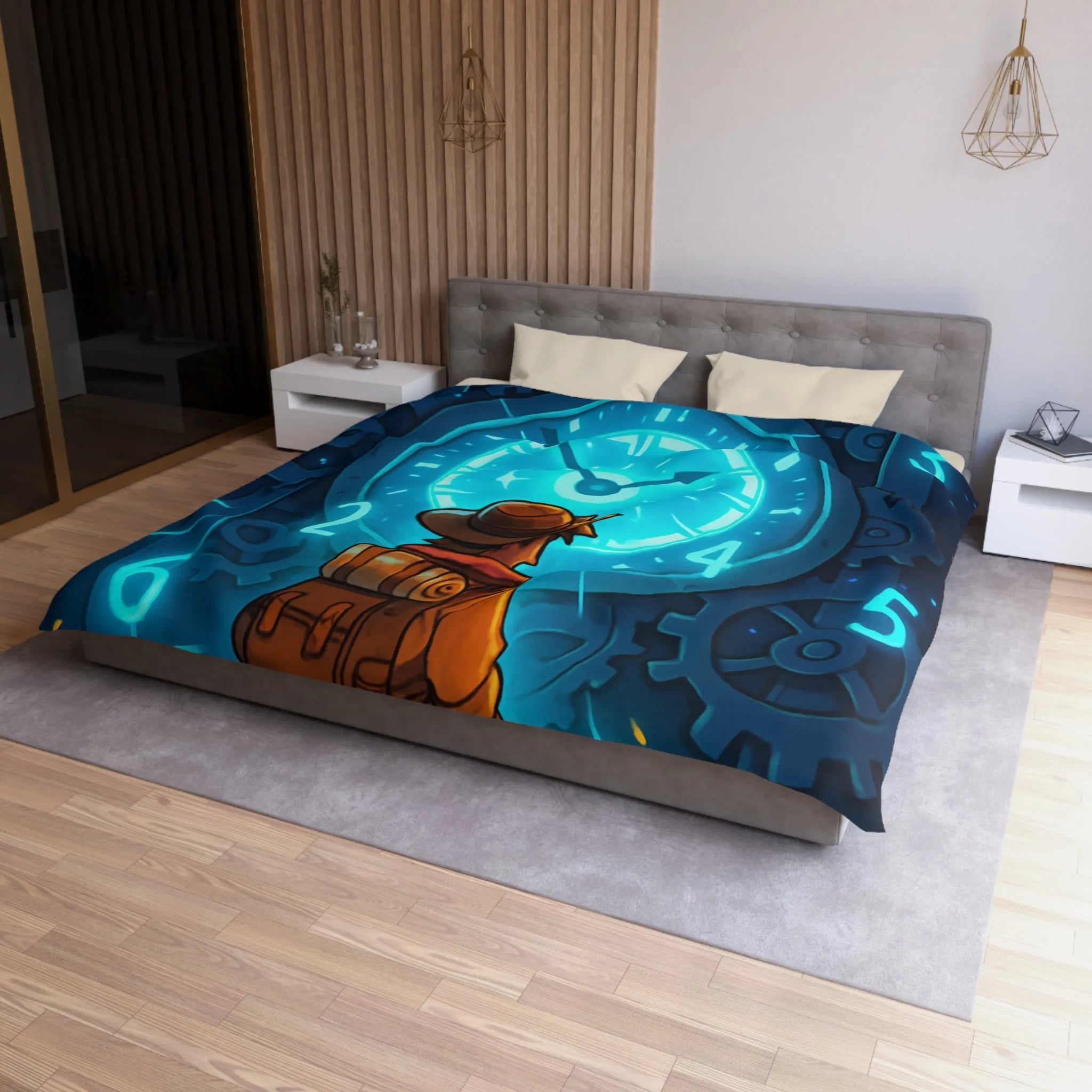 Housse de Couette Aventure Énigmatique Horloger Voyageur avec Éclairage Bleu Futuriste