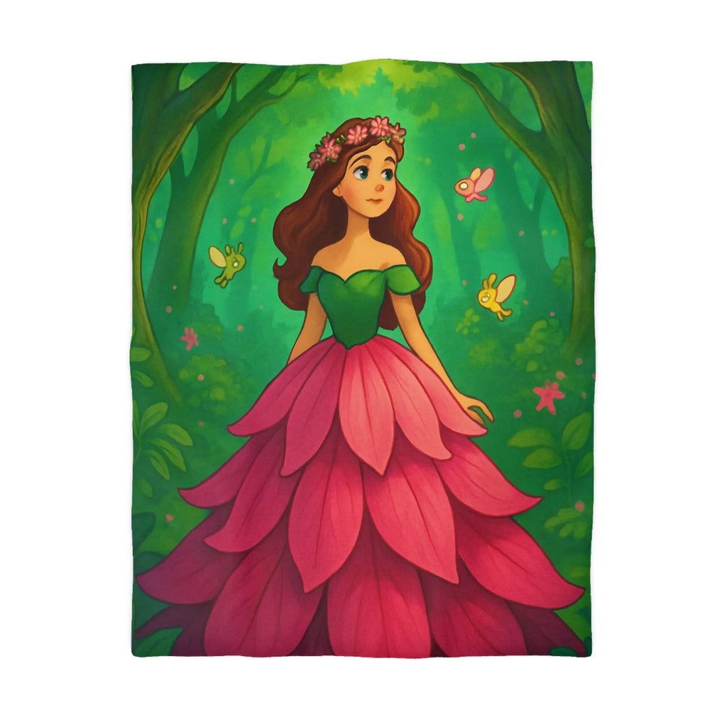 Housse de couette fleurie, forêt enchantée avec fées et princesse aux couleurs vives