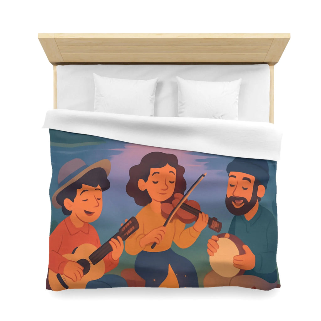 Housse de Couette avec Musiciens et Animaux Près du Feu de Camp au Crépuscule