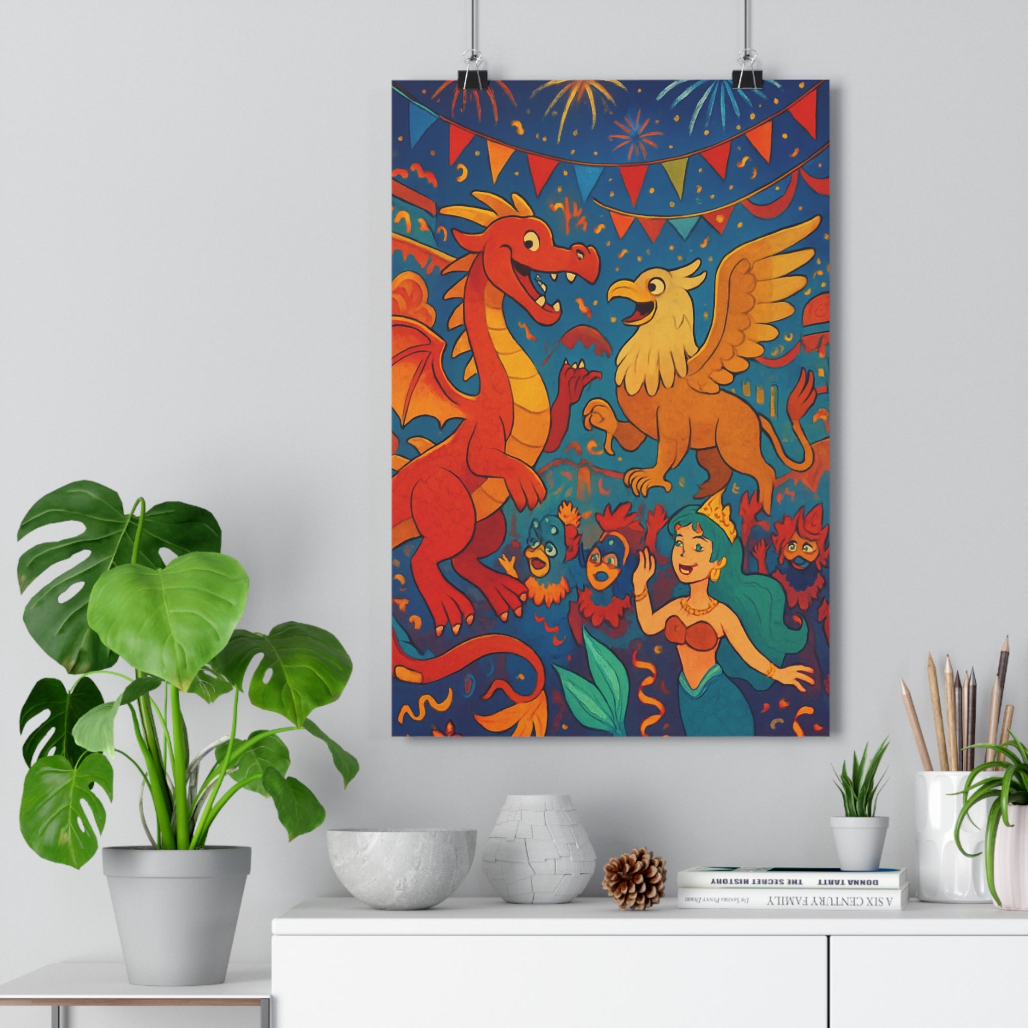 Poster décoratif créatures mythiques rouge doré cartoon joyeux chambre enfant fantastique couleurs vives art