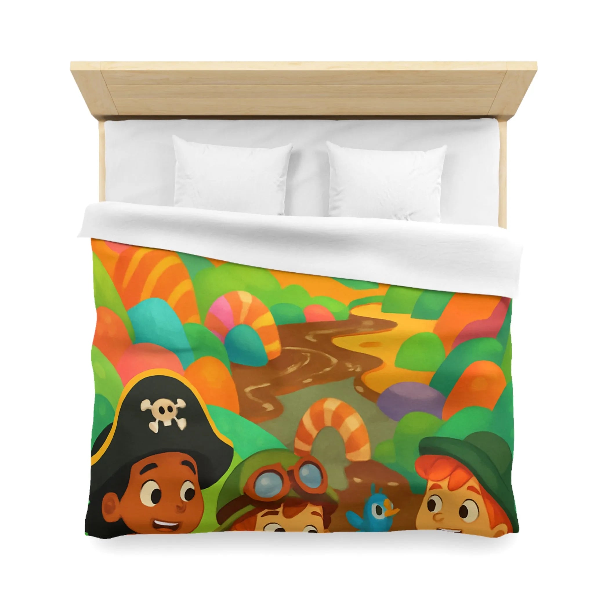 Housse de couette ludique pour enfants avec château et aventuriers aux couleurs vives