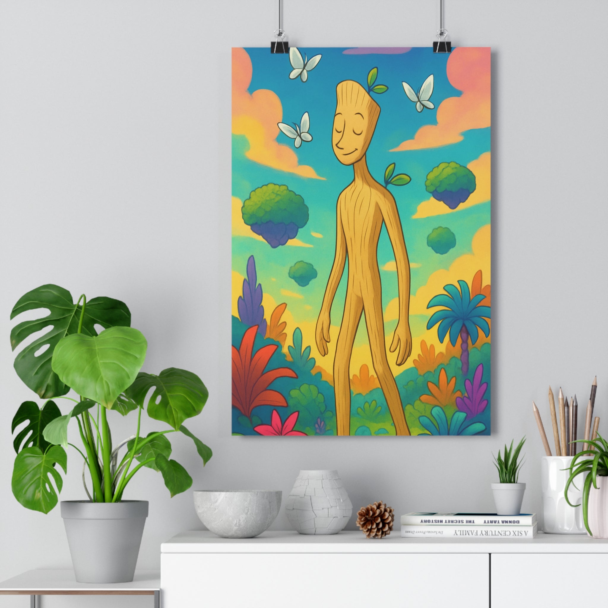 Poster décoratif cartoon bleu orange vert jardin fantastique magique papillons chambre salon serein vibrant