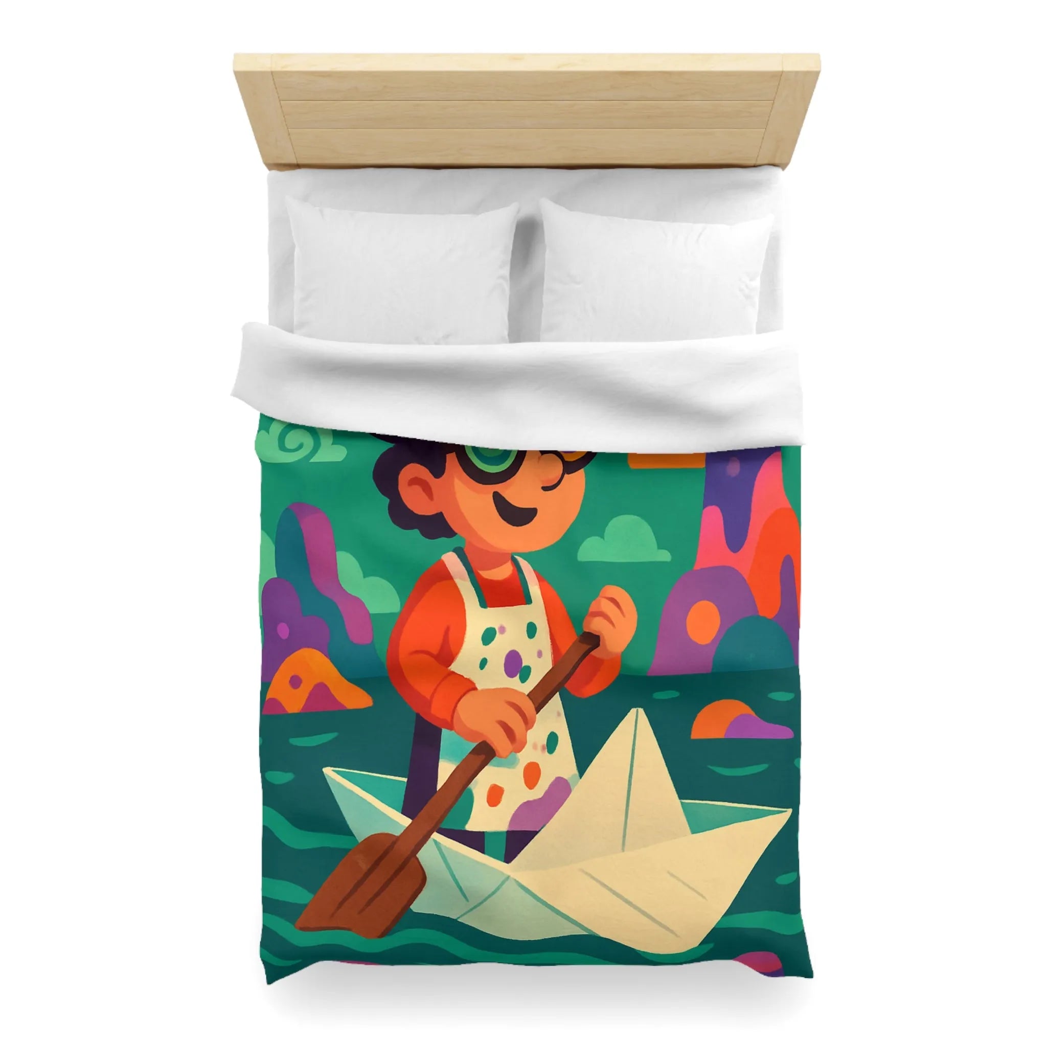Housse de couette colorée avec artiste joyeux naviguant en bateau de papier dessin animé