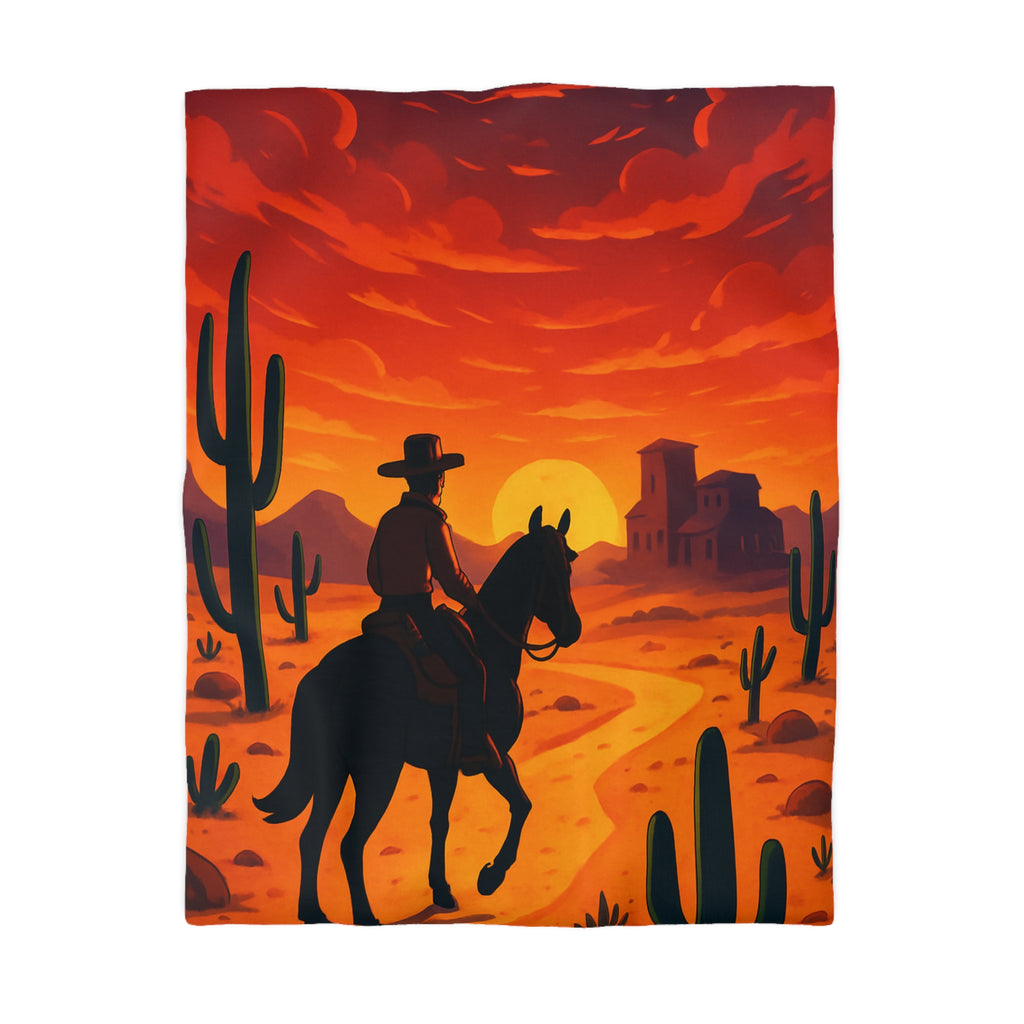 Housse de Couette Stylée Désert Crépusculaire avec Cowboy et Cactus Silhouettes